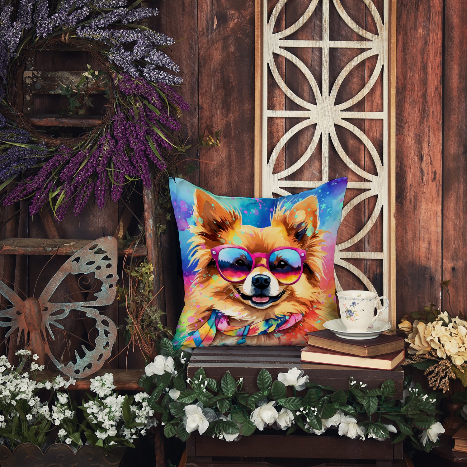 Pomeranian Hippie Dawg Fabric Decorative Pillow