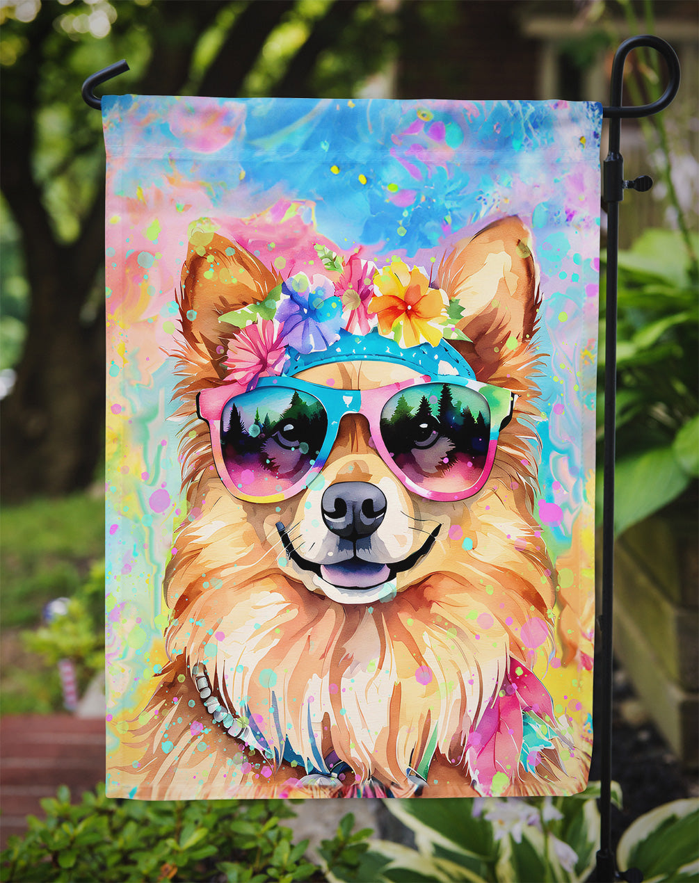 Pomeranian Hippie Dawg Garden Flag