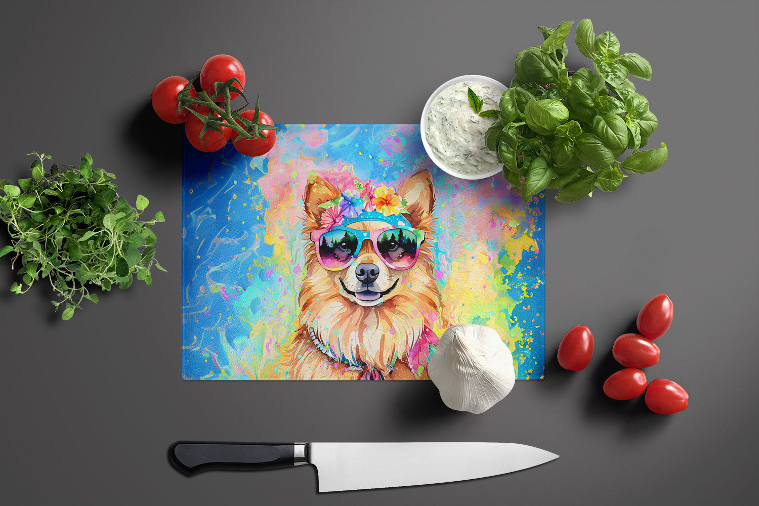 Pomeranian Hippie Dawg Glass Cutting Board Large