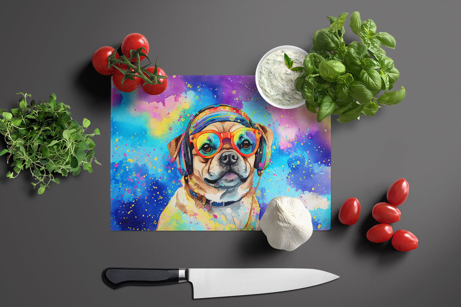 Pug Hippie Dawg Glass Cutting Board Large