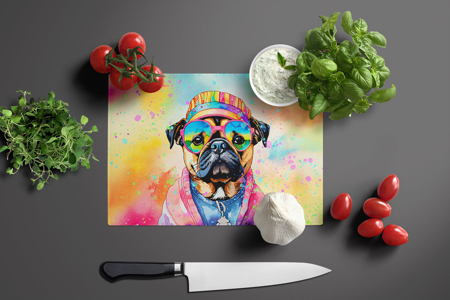 Pug Hippie Dawg Glass Cutting Board Large