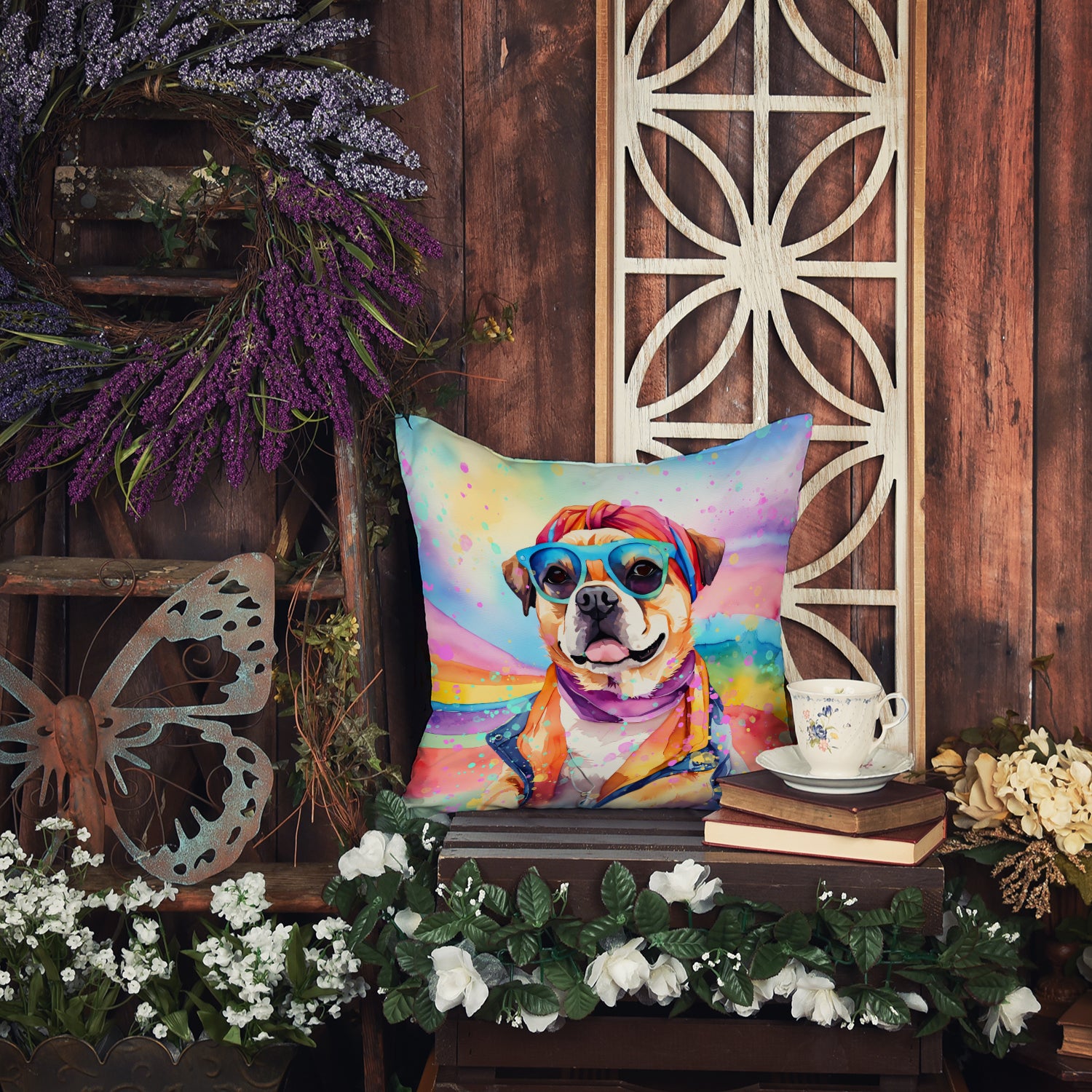 Pug Hippie Dawg Fabric Decorative Pillow