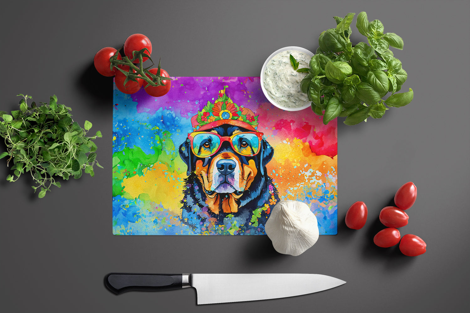 Rottweiler Hippie Dawg Glass Cutting Board Large