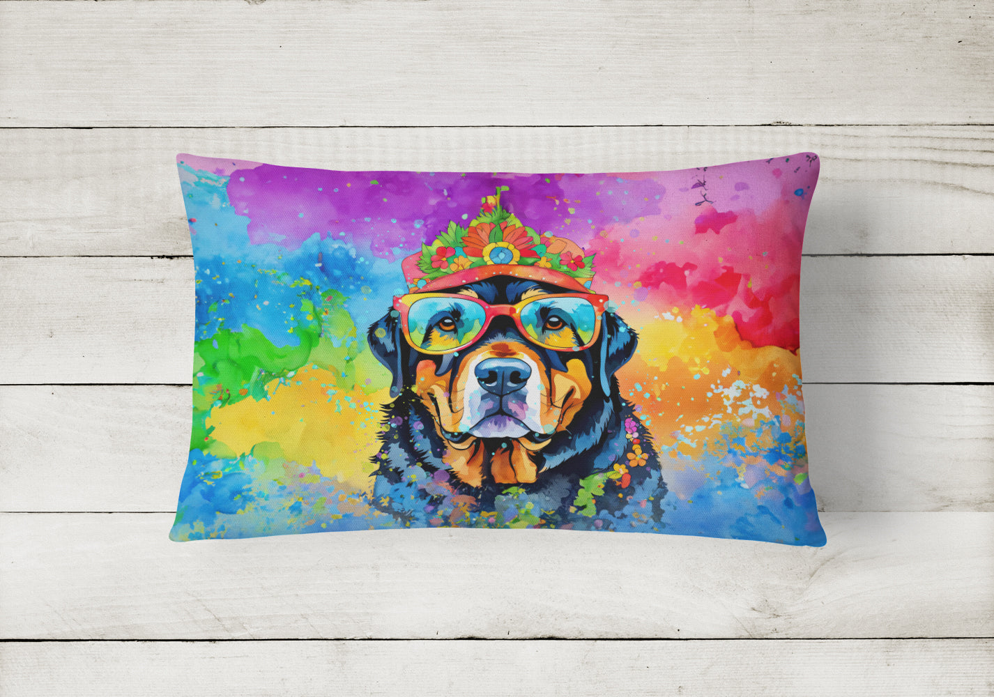 Rottweiler Hippie Dawg Fabric Decorative Pillow