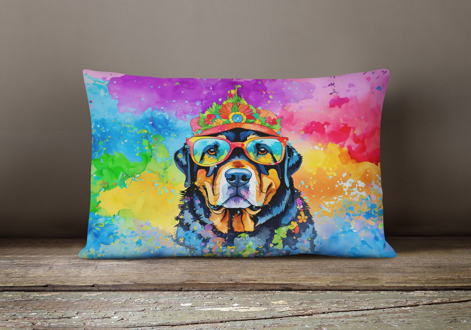 Rottweiler Hippie Dawg Fabric Decorative Pillow