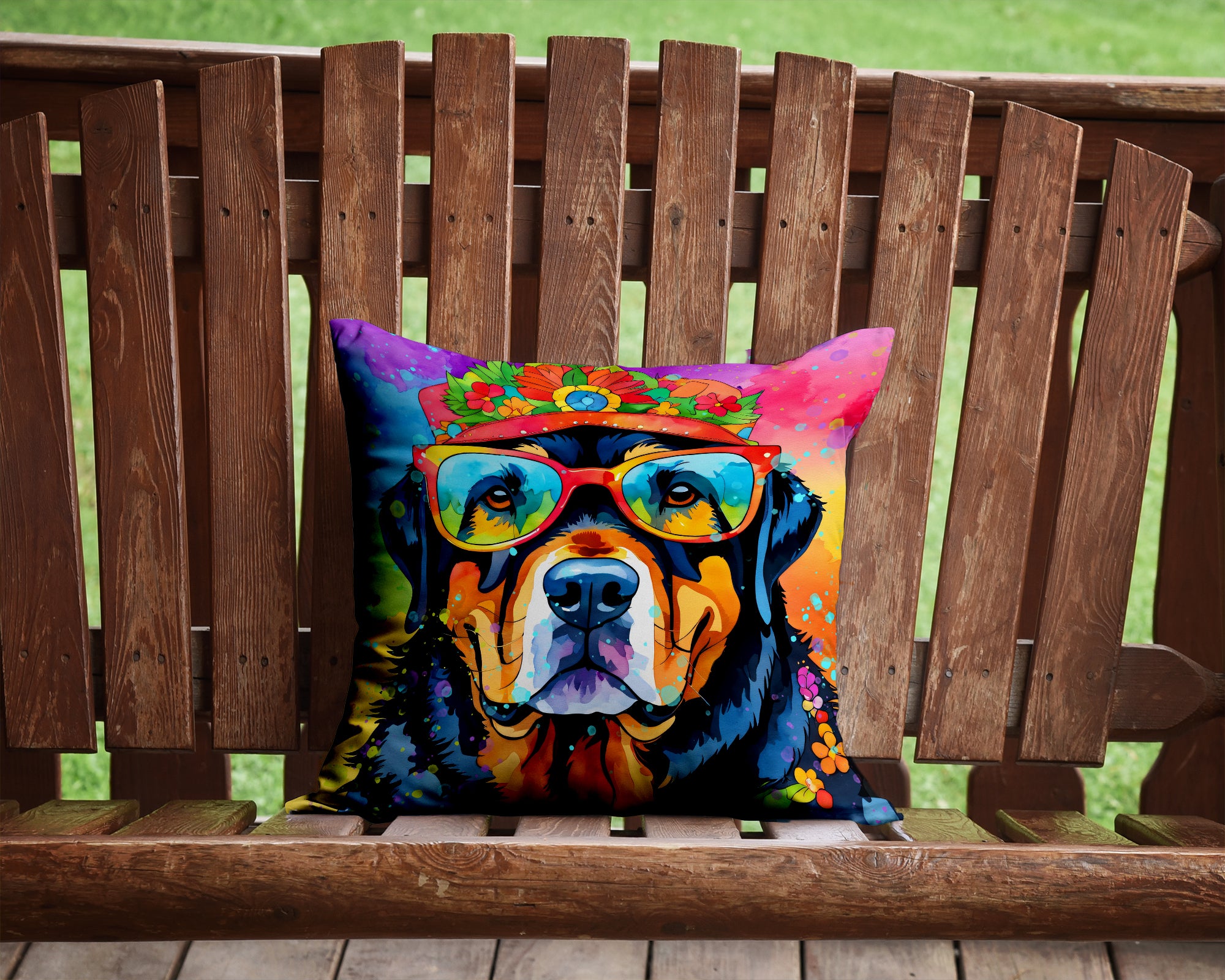Rottweiler Hippie Dawg Fabric Decorative Pillow  the-store.com.