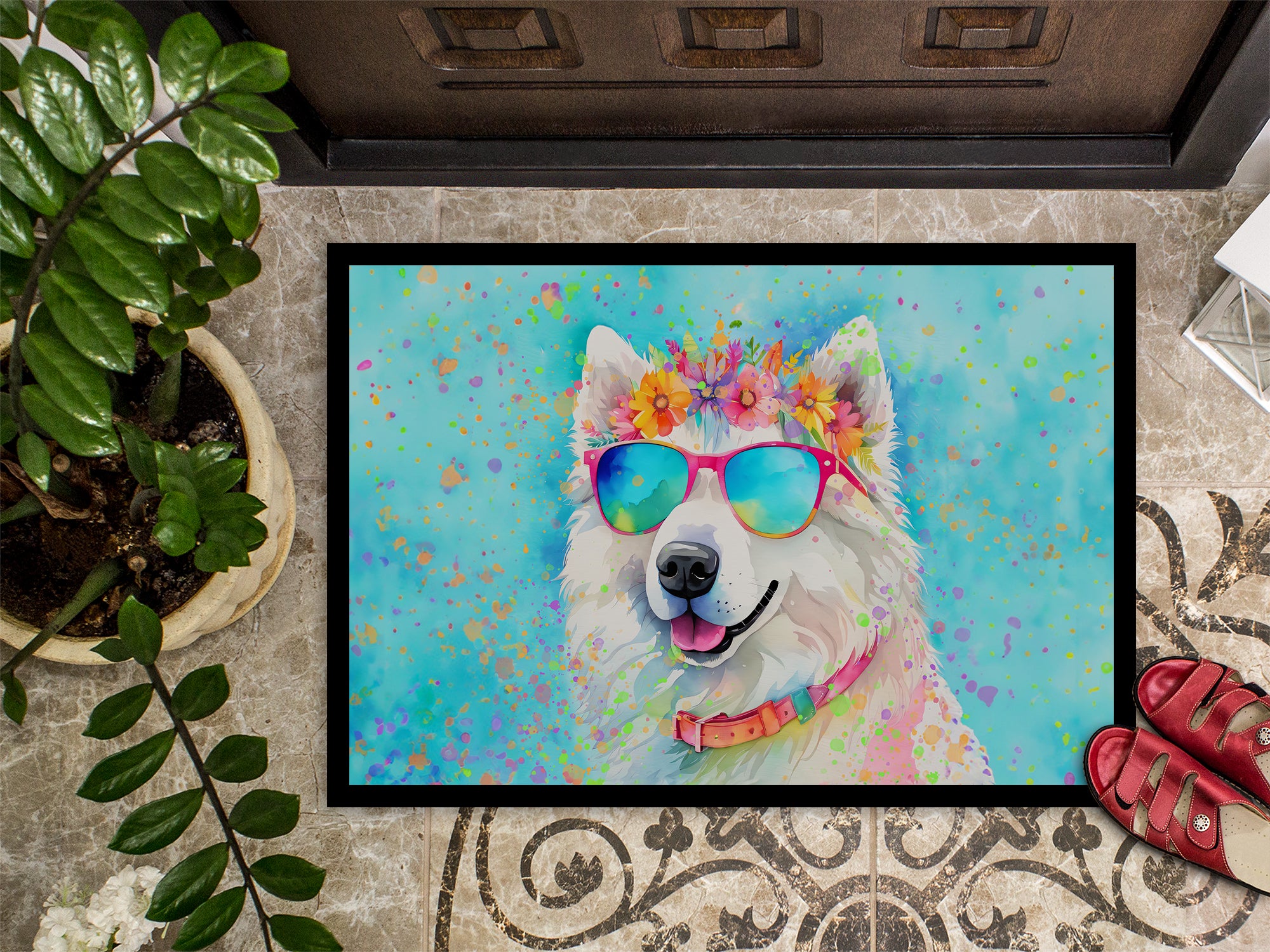 Samoyed Hippie Dawg Indoor or Outdoor Mat 24x36