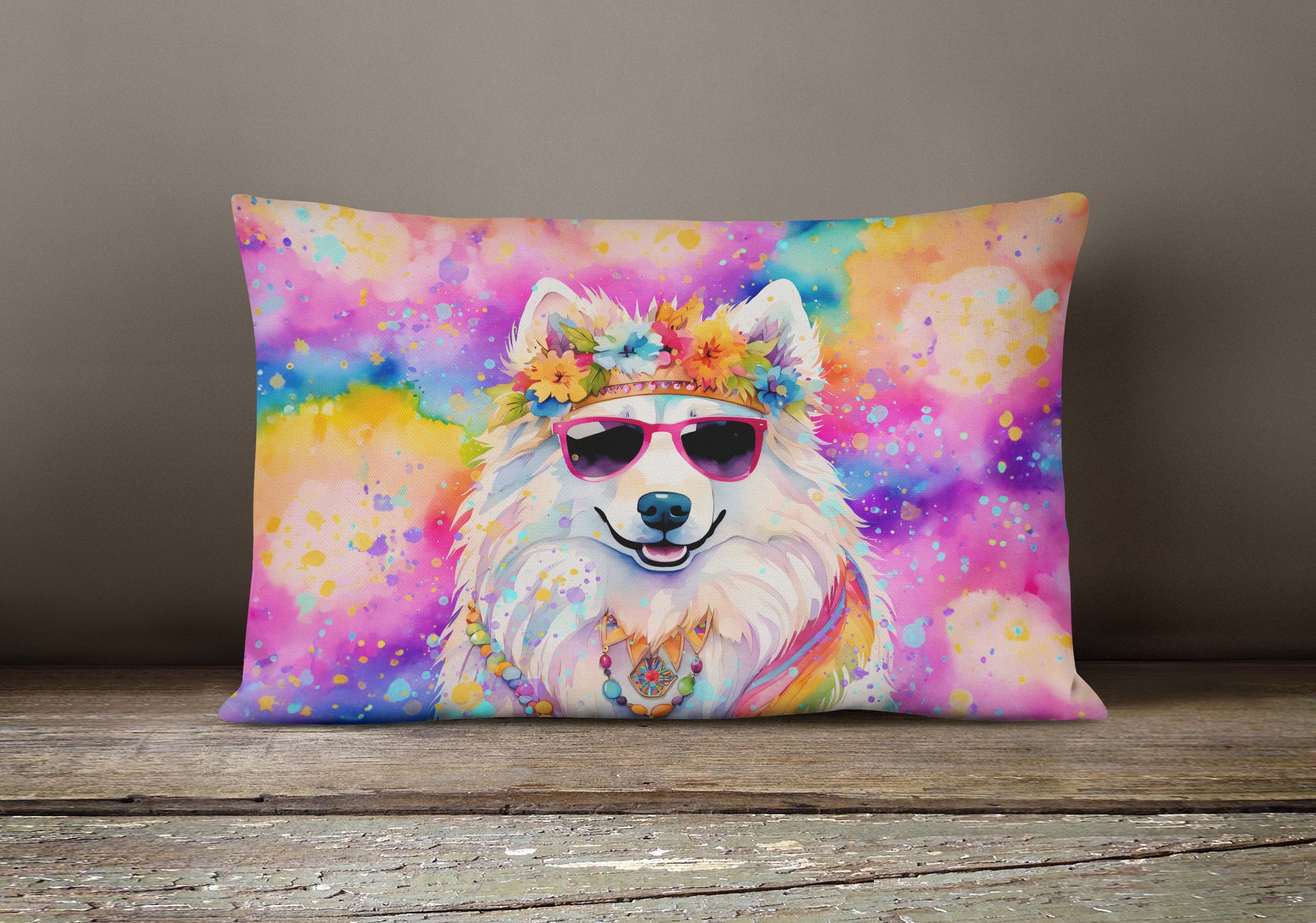 Samoyed Hippie Dawg Fabric Decorative Pillow  the-store.com.