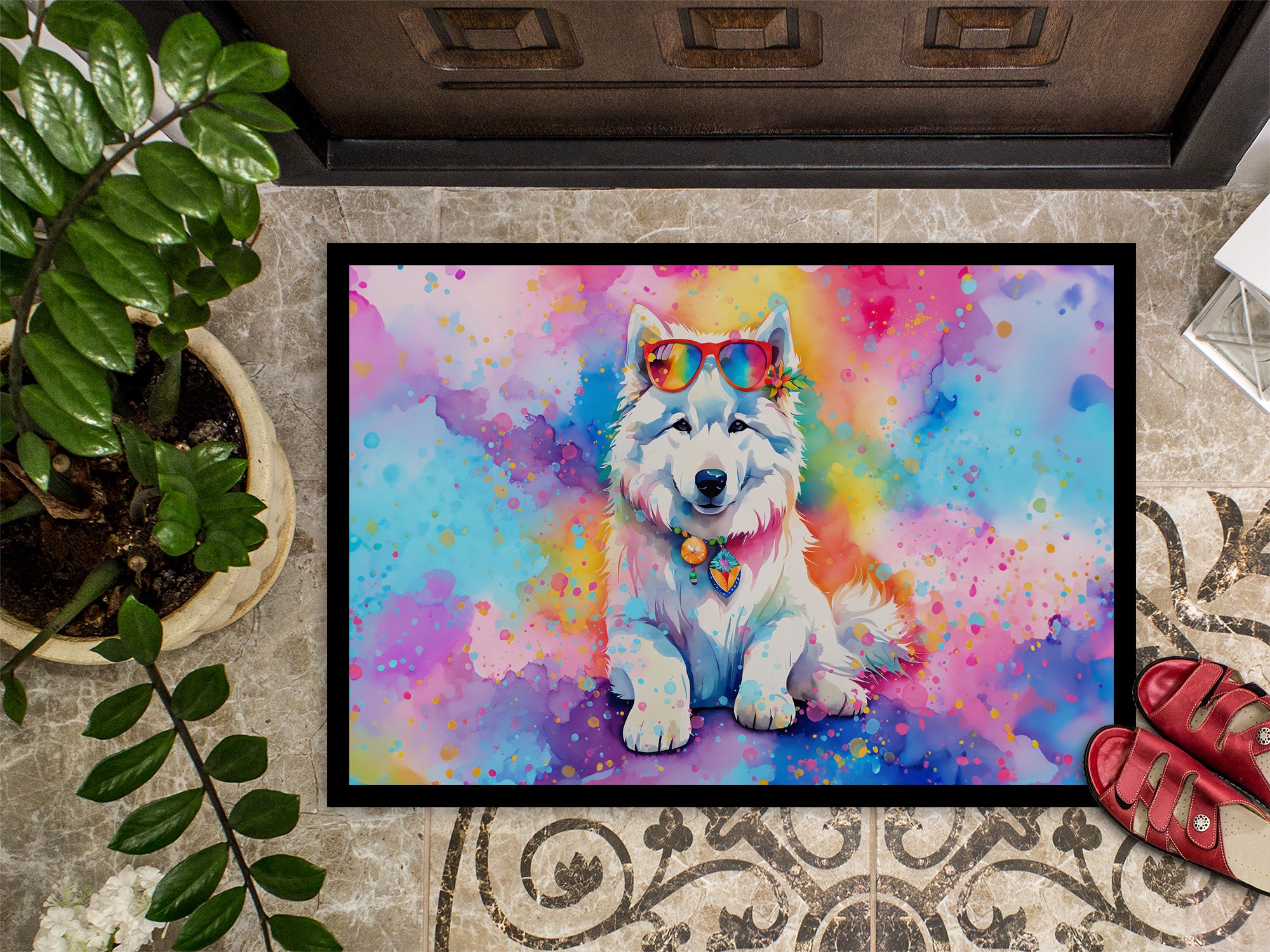 Samoyed Hippie Dawg Indoor or Outdoor Mat 24x36