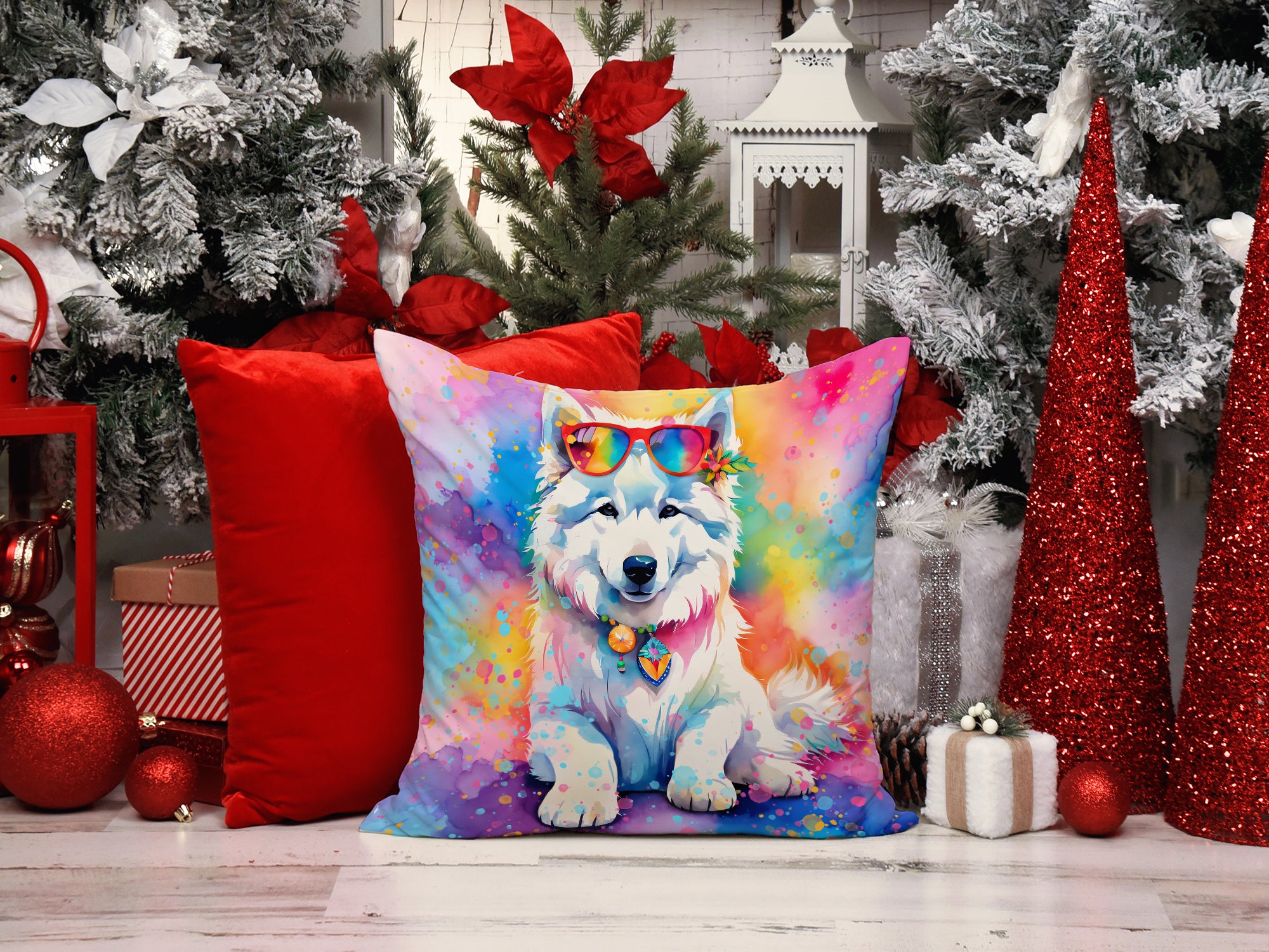 Samoyed Hippie Dawg Fabric Decorative Pillow