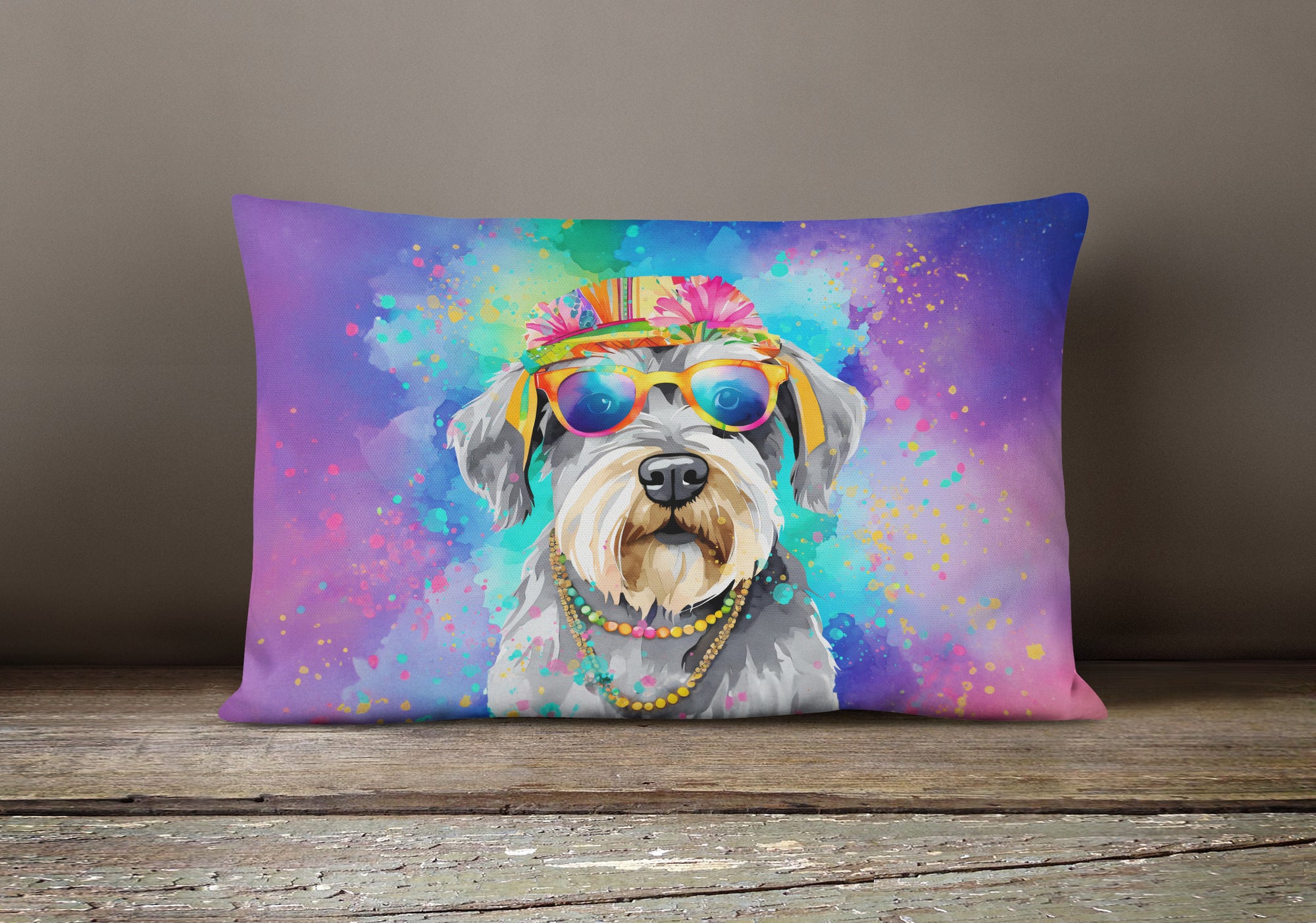 Schnauzer Hippie Dawg Fabric Decorative Pillow  the-store.com.