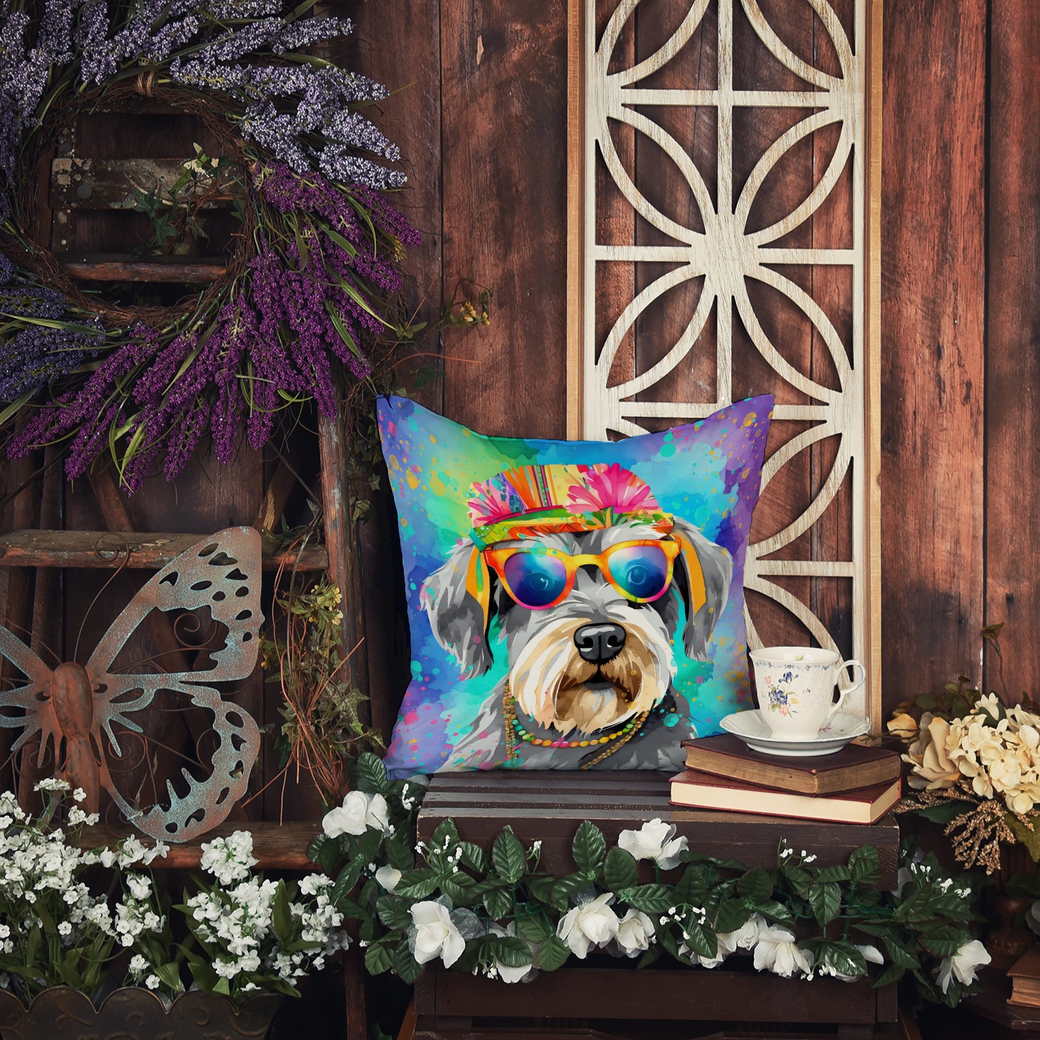 Schnauzer Hippie Dawg Fabric Decorative Pillow