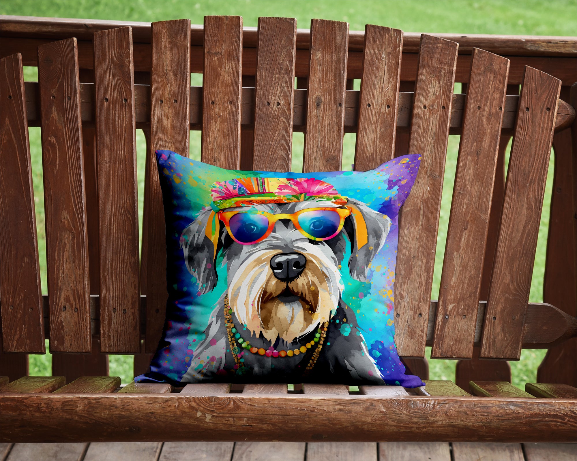 Schnauzer Hippie Dawg Fabric Decorative Pillow  the-store.com.