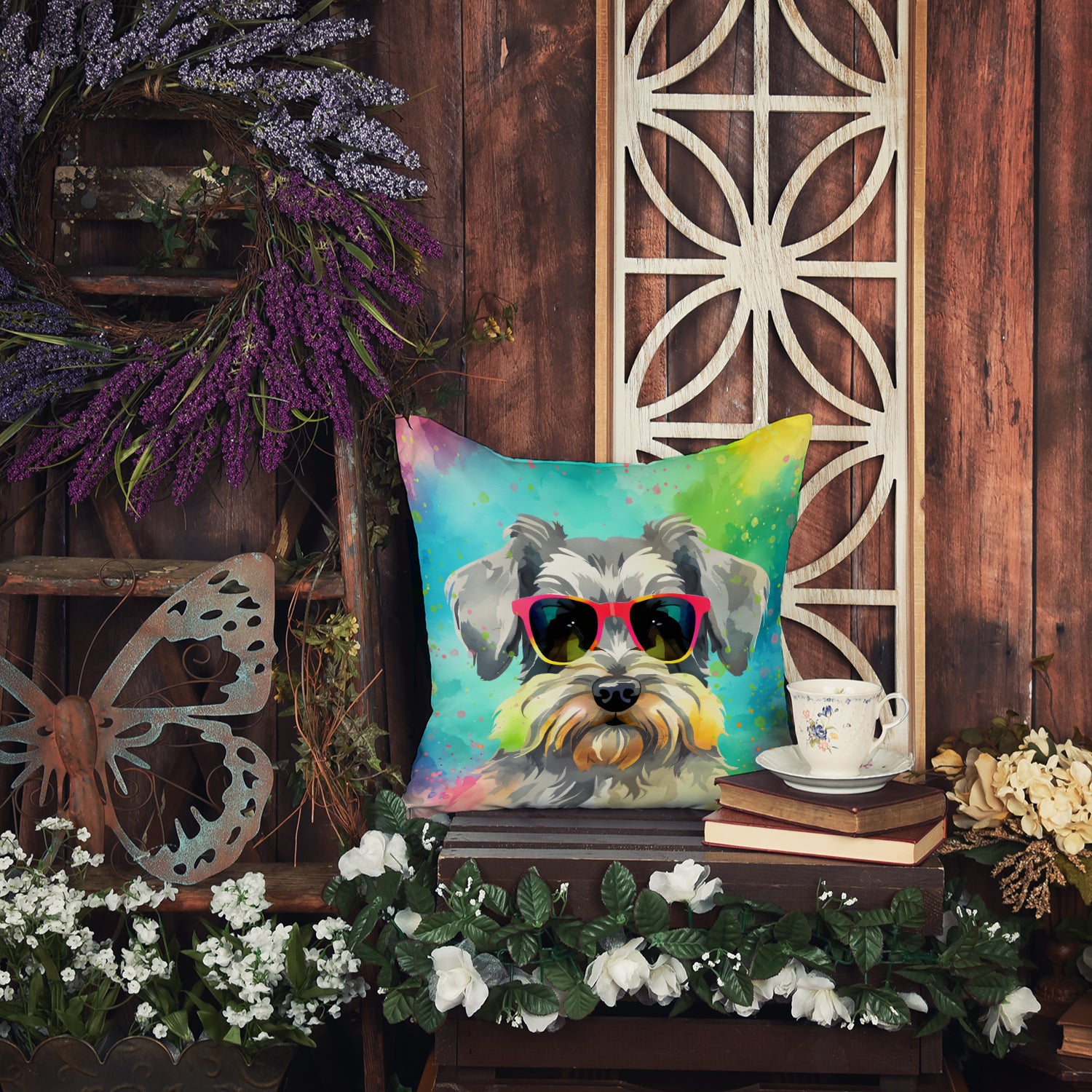 Schnauzer Hippie Dawg Fabric Decorative Pillow