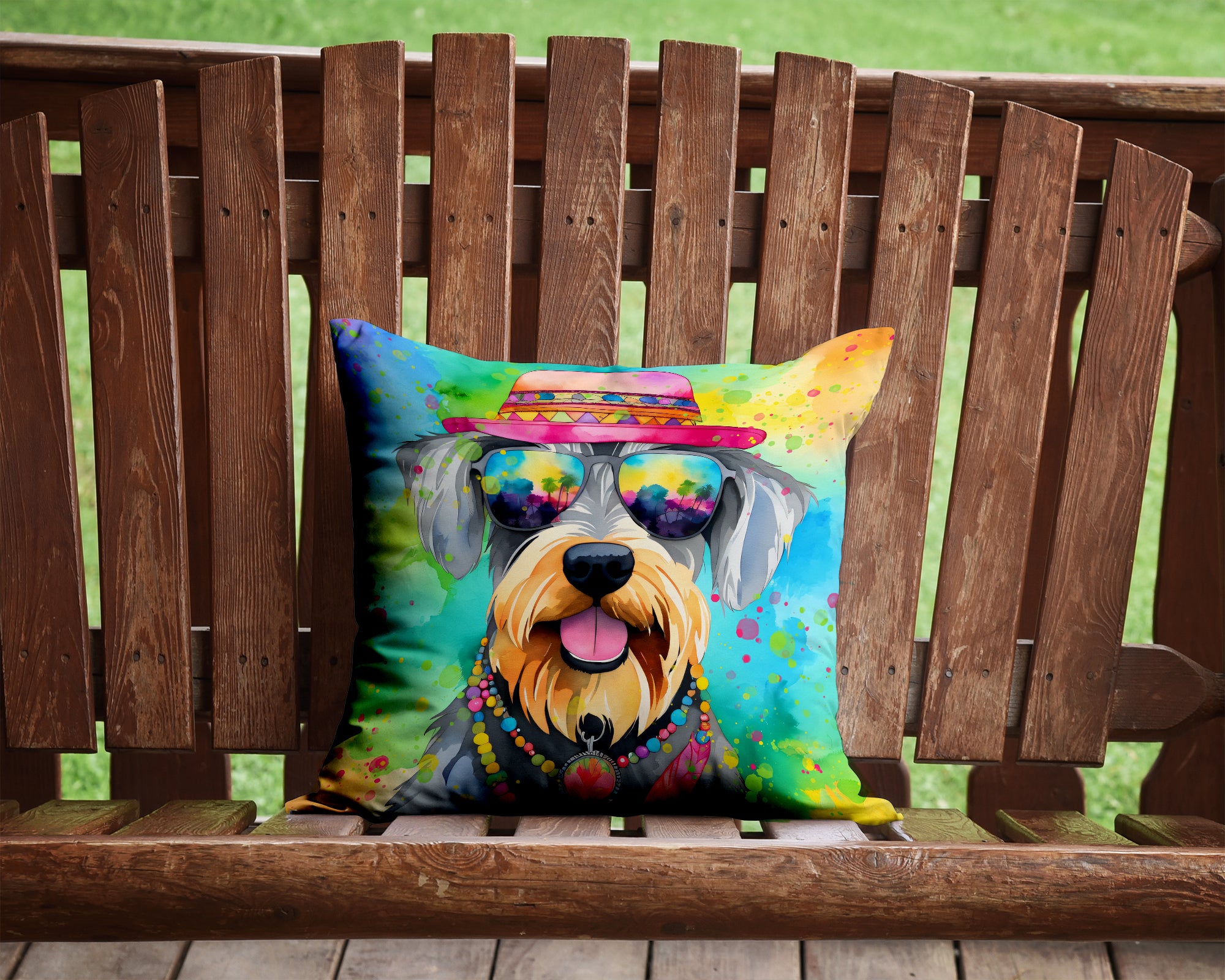 Schnauzer Hippie Dawg Fabric Decorative Pillow  the-store.com.