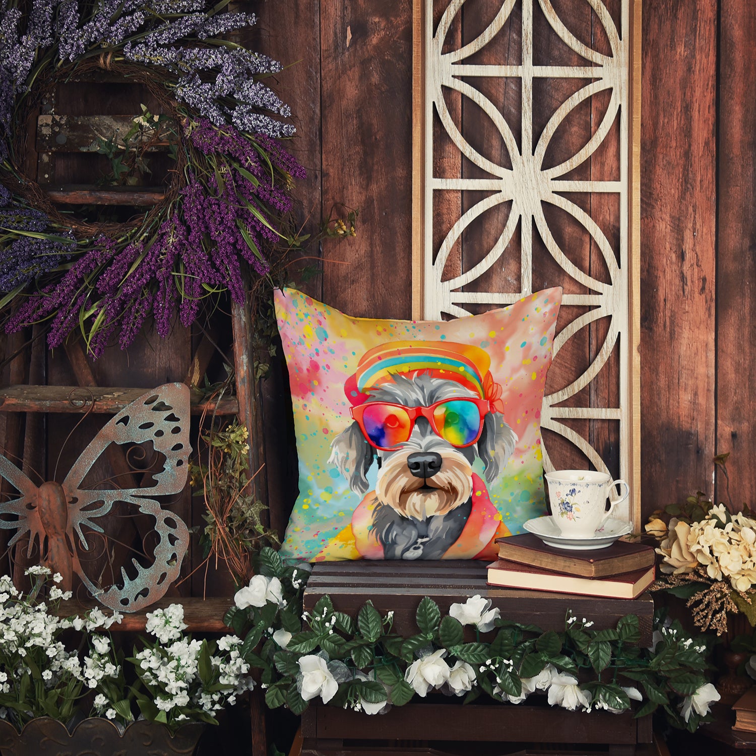 Schnauzer Hippie Dawg Fabric Decorative Pillow  the-store.com.