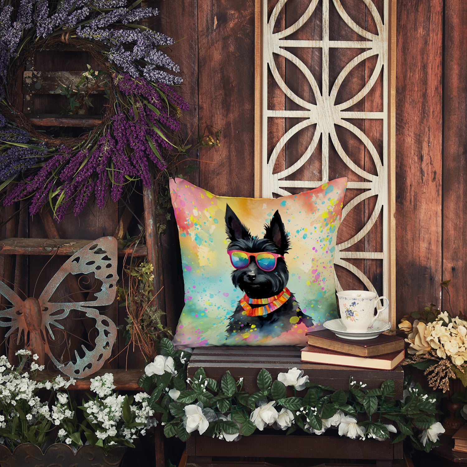 Scottish Terrier Hippie Dawg Fabric Decorative Pillow