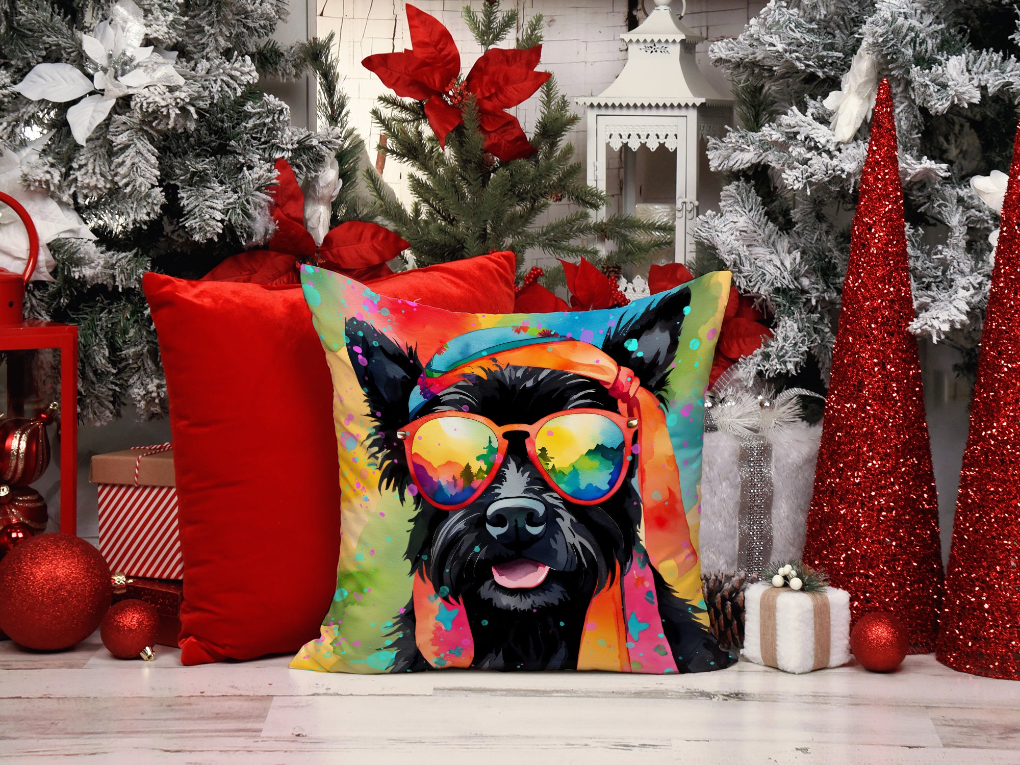 Scottish Terrier Hippie Dawg Fabric Decorative Pillow