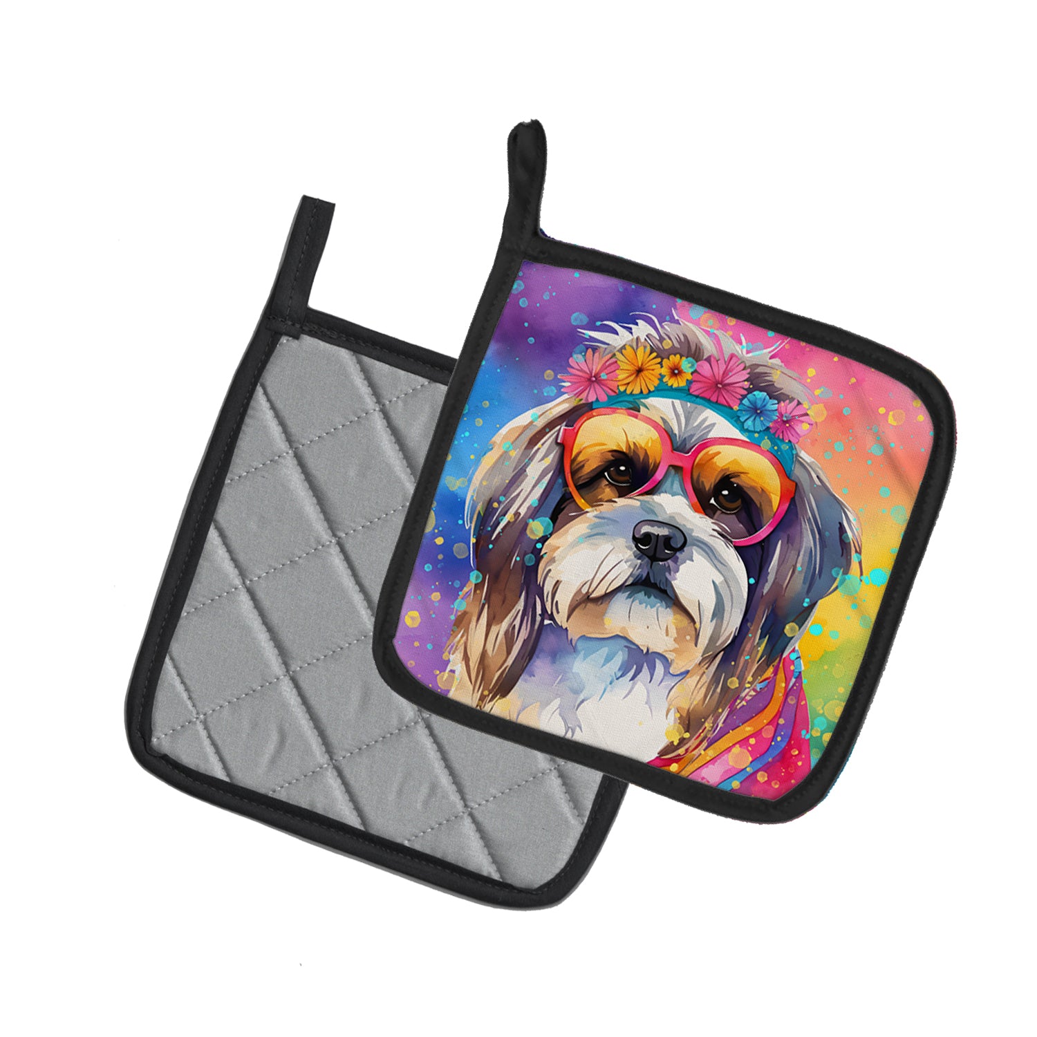 Shih Tzu Hippie Dawg Pair of Pot Holders