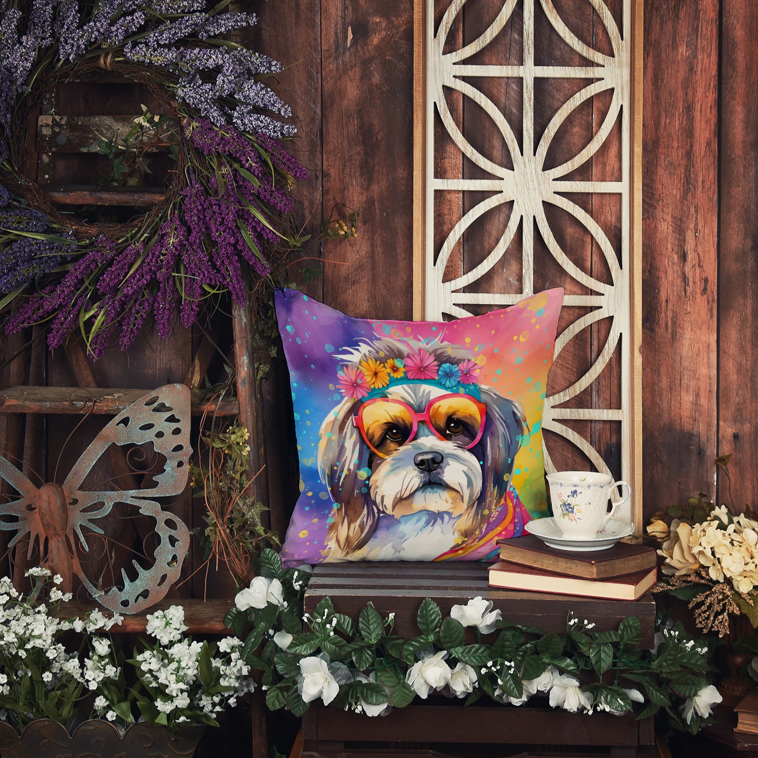 Shih Tzu Hippie Dawg Fabric Decorative Pillow