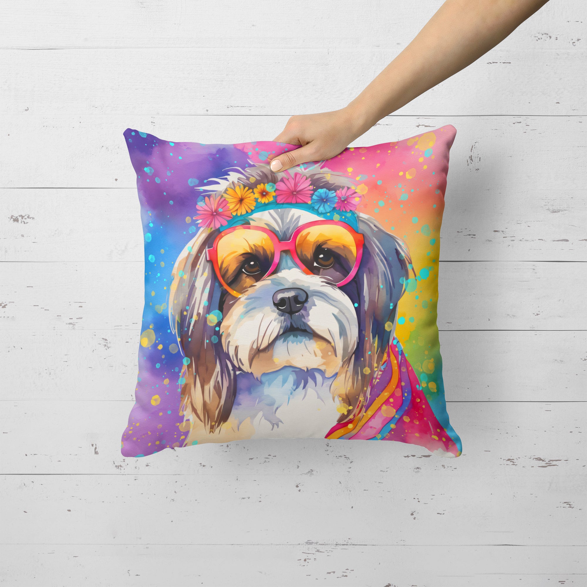 Shih Tzu Hippie Dawg Fabric Decorative Pillow