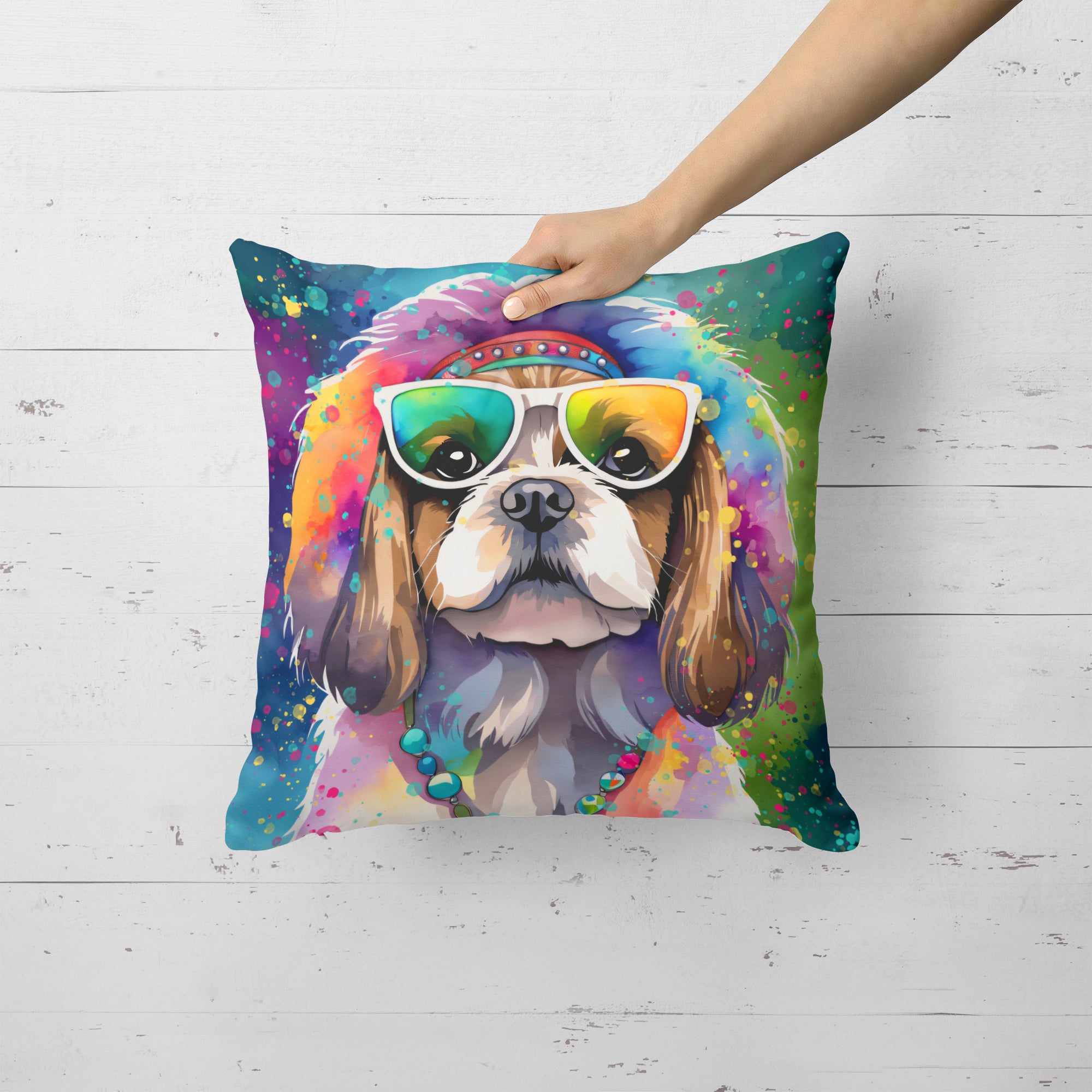 Shih Tzu Hippie Dawg Fabric Decorative Pillow