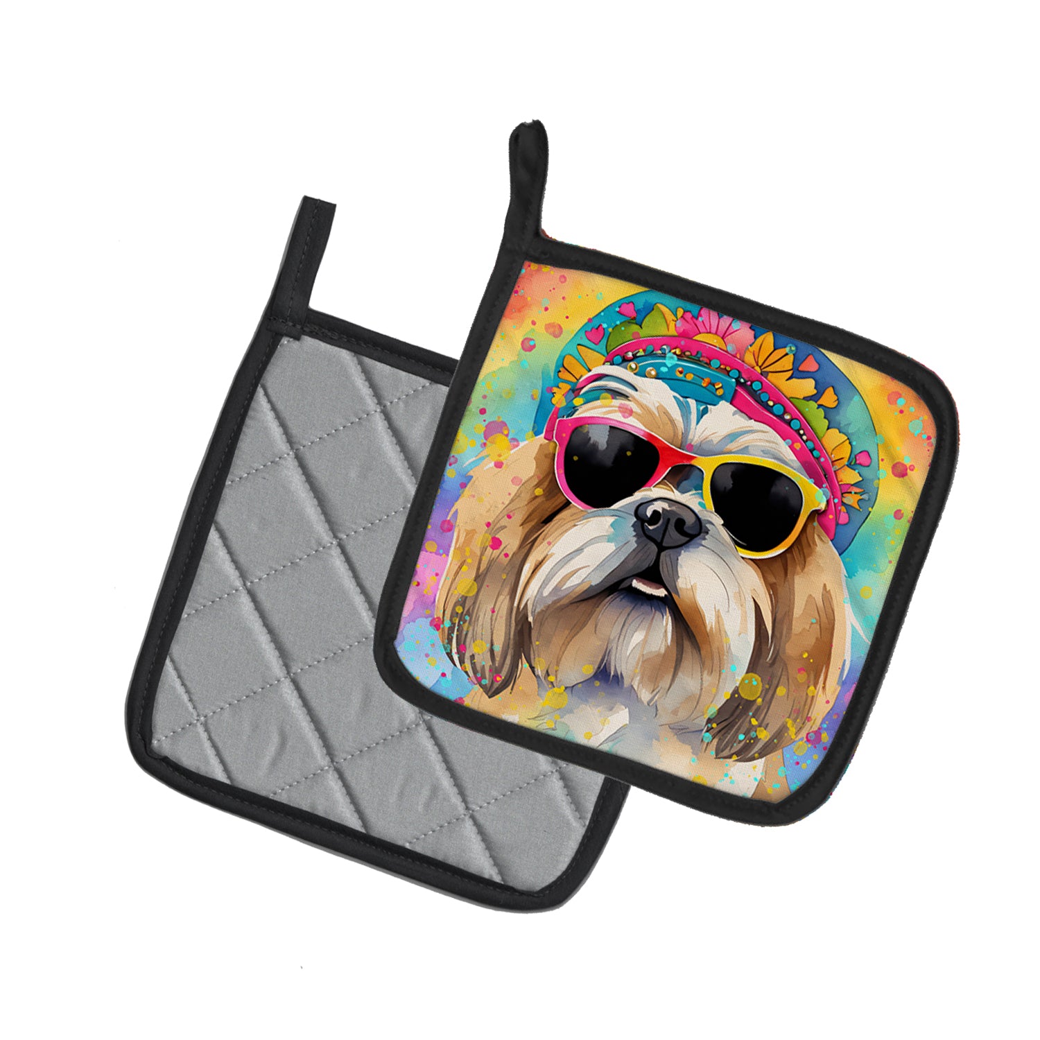 Shih Tzu Hippie Dawg Pair of Pot Holders