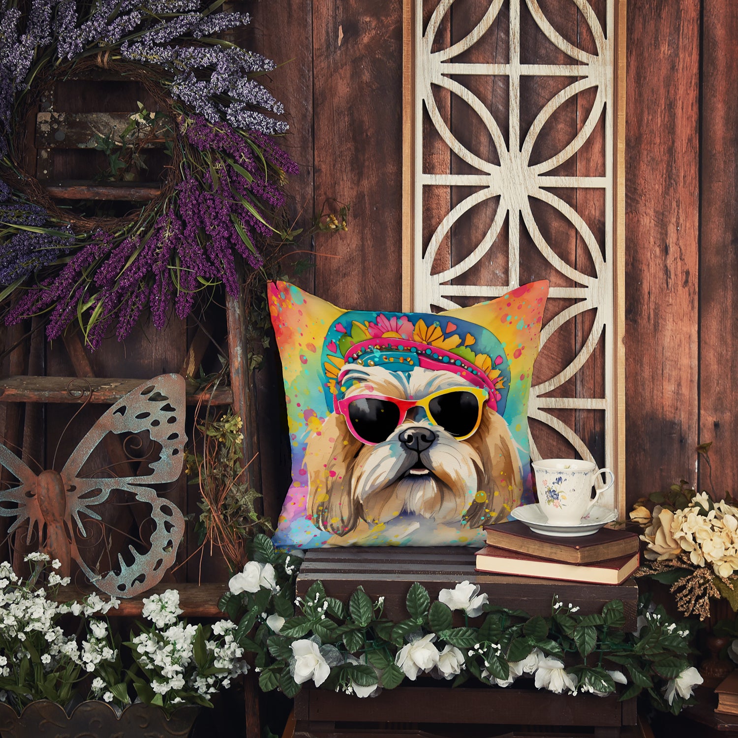 Shih Tzu Hippie Dawg Fabric Decorative Pillow