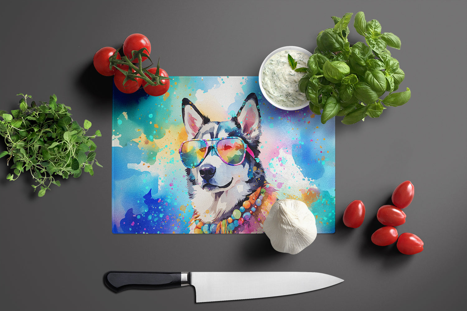 Siberian Husky Hippie Dawg Glass Cutting Board Large