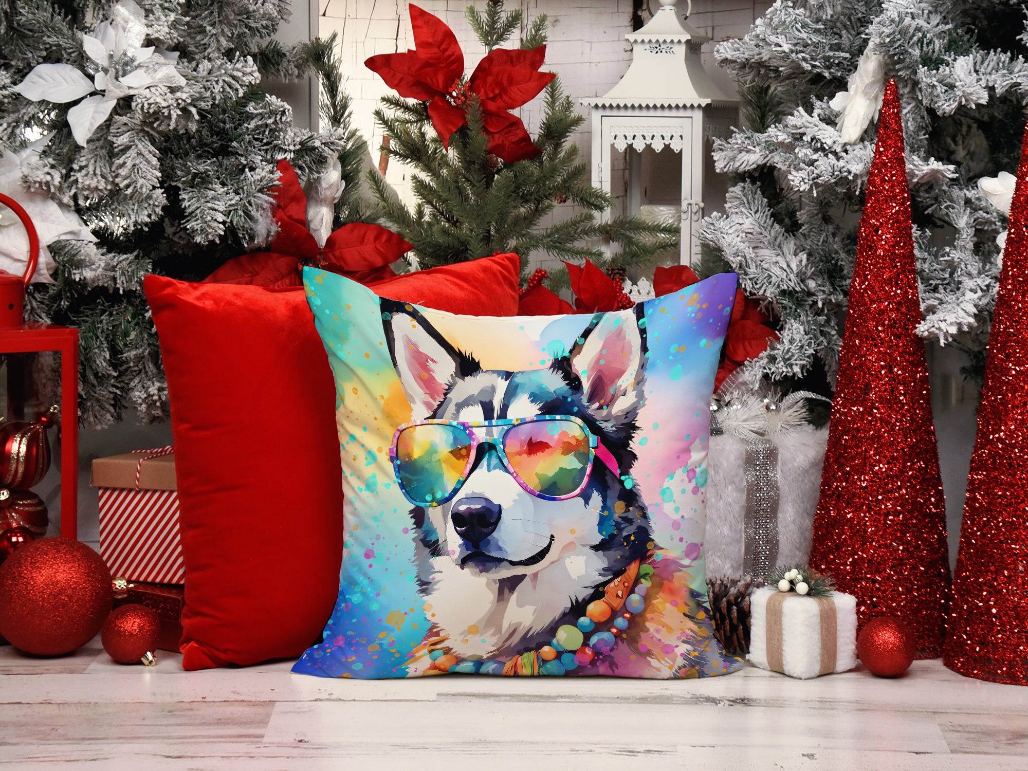 Siberian Husky Hippie Dawg Fabric Decorative Pillow  the-store.com.