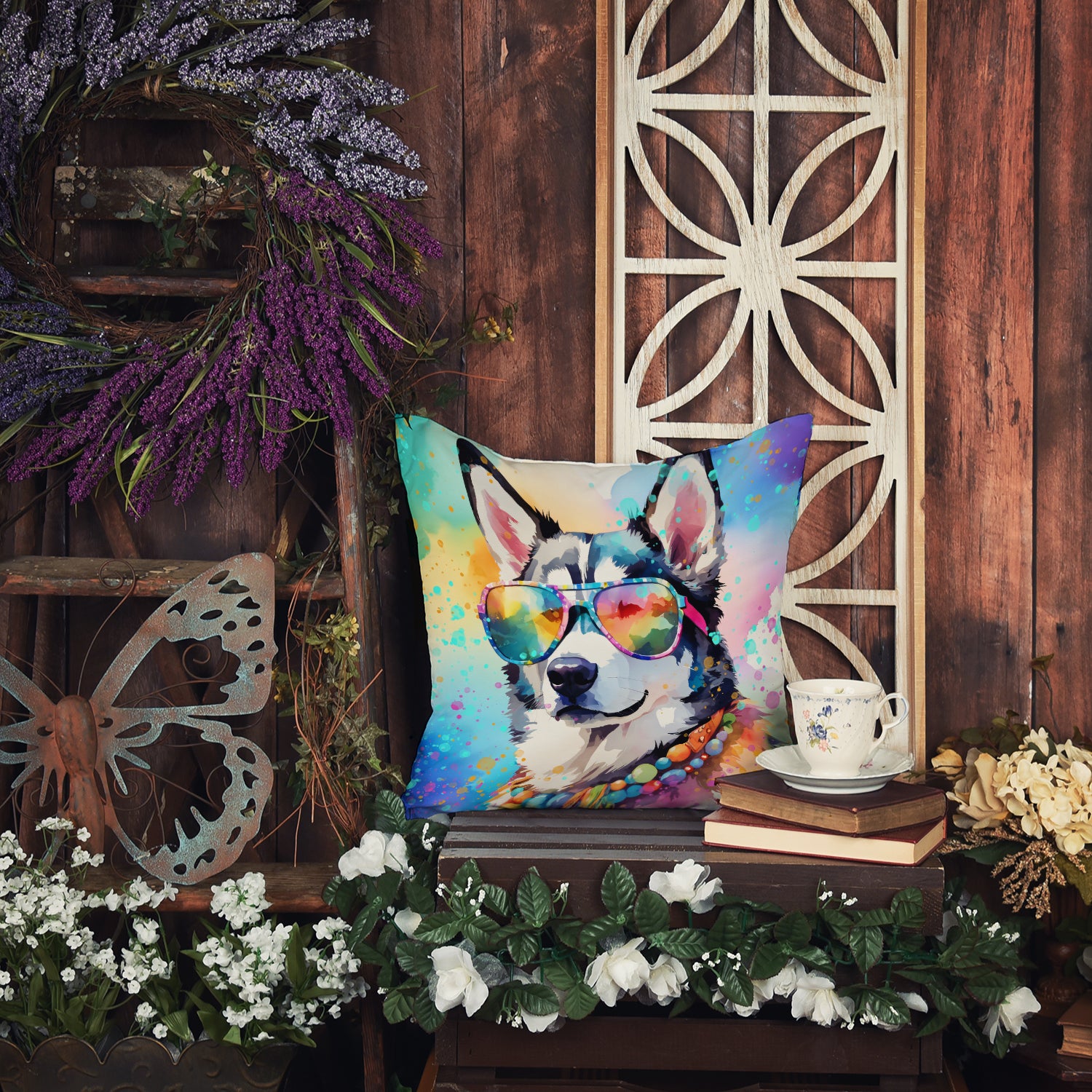 Siberian Husky Hippie Dawg Fabric Decorative Pillow  the-store.com.