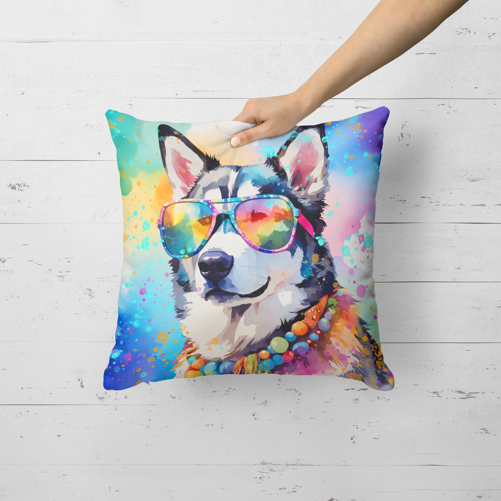 Siberian Husky Hippie Dawg Fabric Decorative Pillow