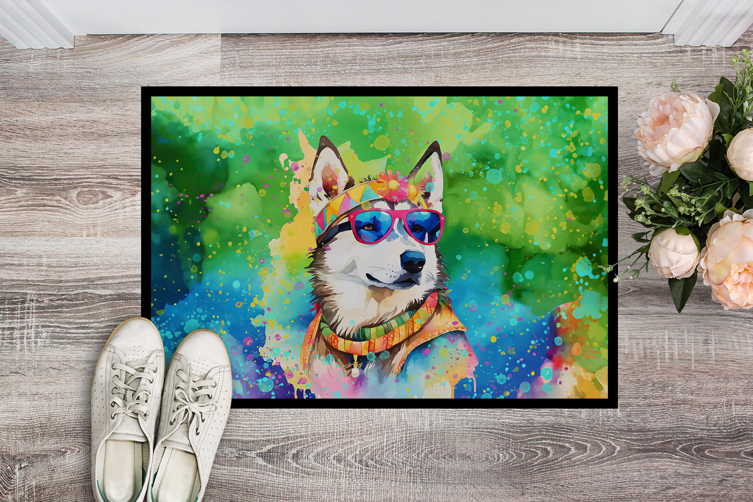 Buy this Siberian Husky Hippie Dawg Indoor or Outdoor Mat 24x36