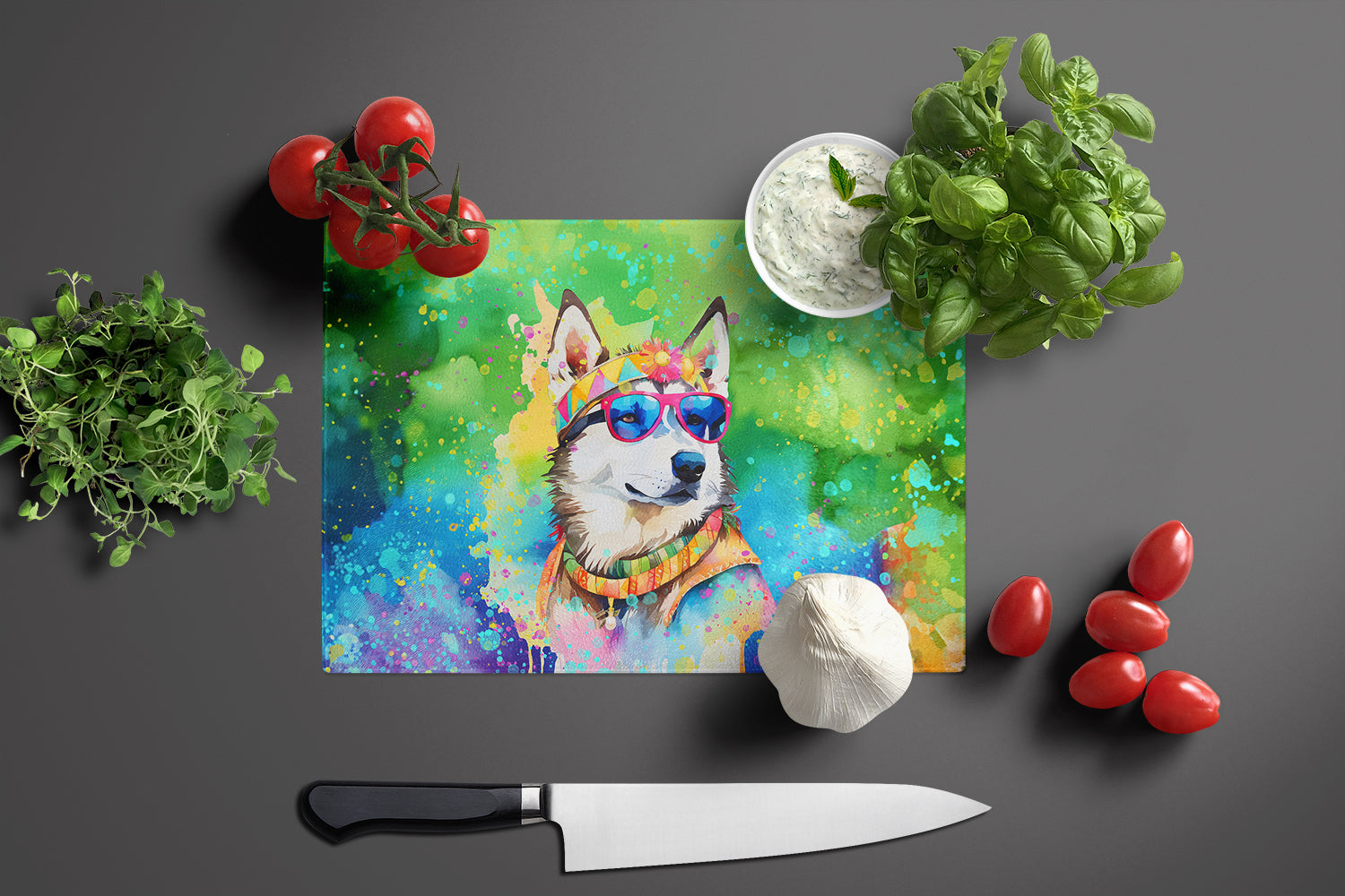 Siberian Husky Hippie Dawg Glass Cutting Board Large