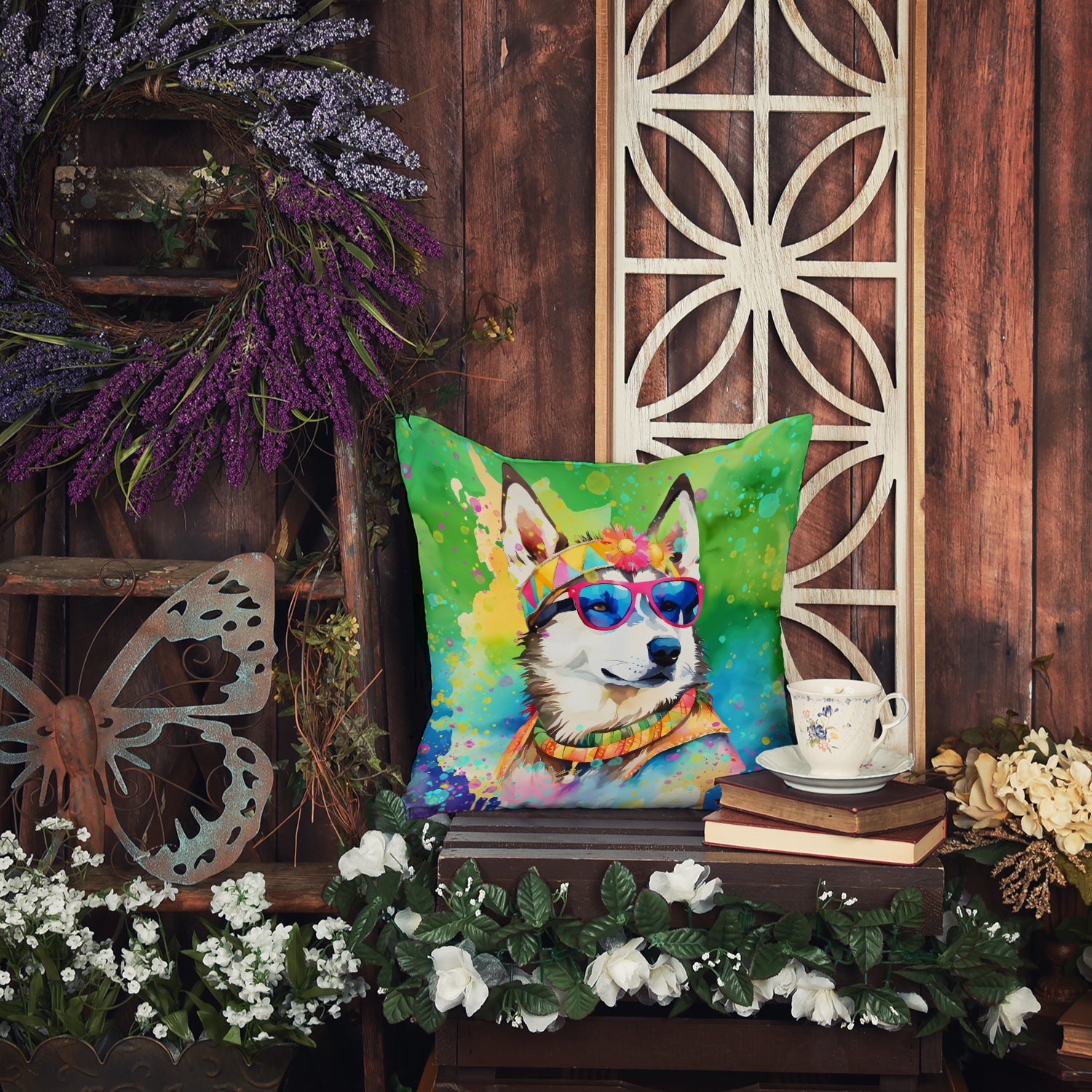 Siberian Husky Hippie Dawg Fabric Decorative Pillow