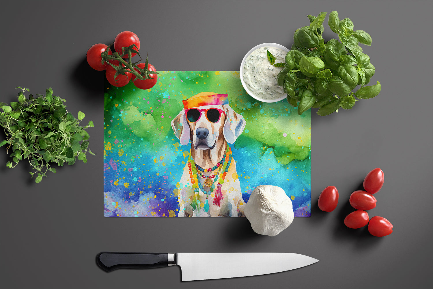 Weimaraner Hippie Dawg Glass Cutting Board Large