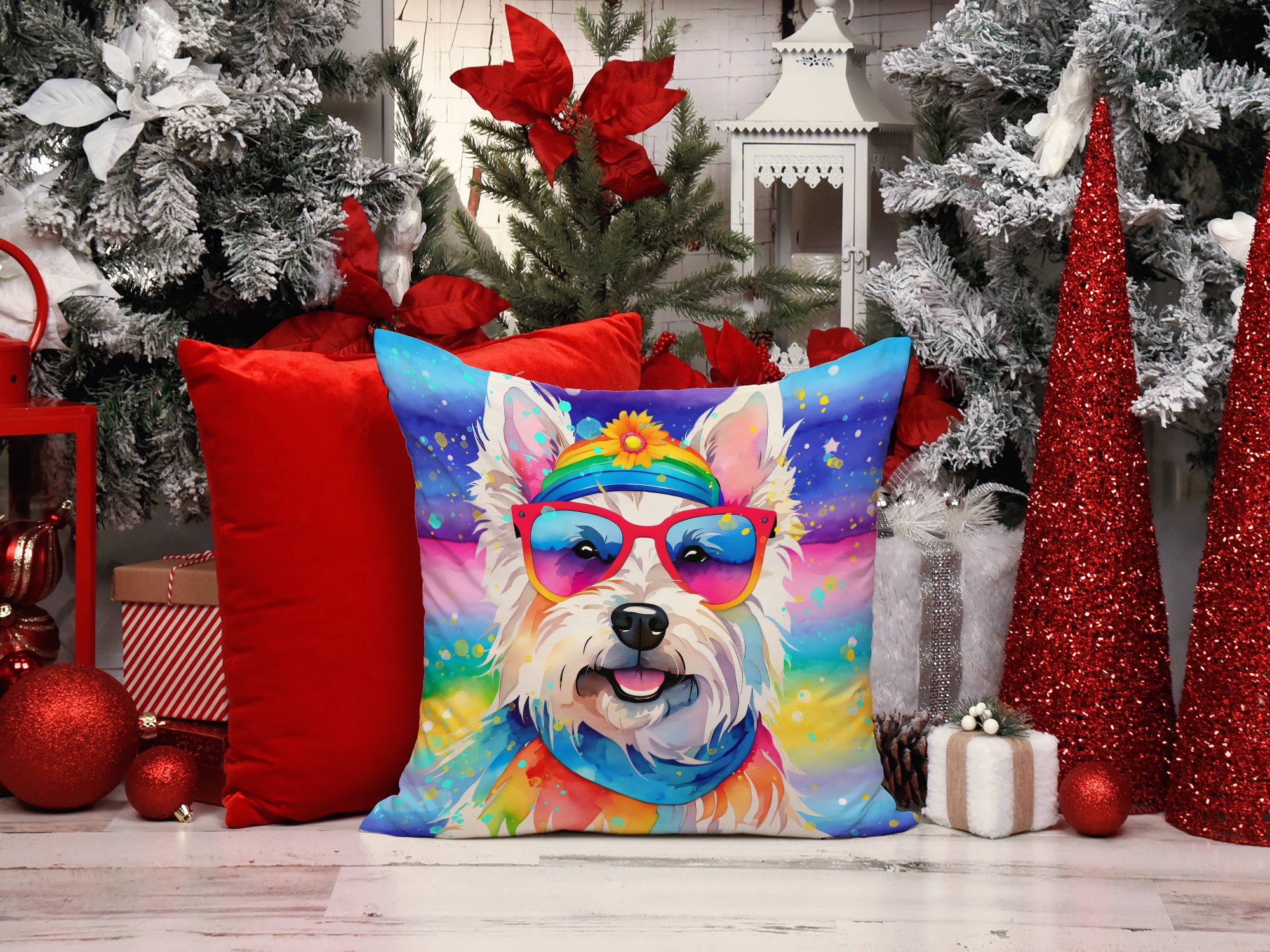 Westie Hippie Dawg Fabric Decorative Pillow