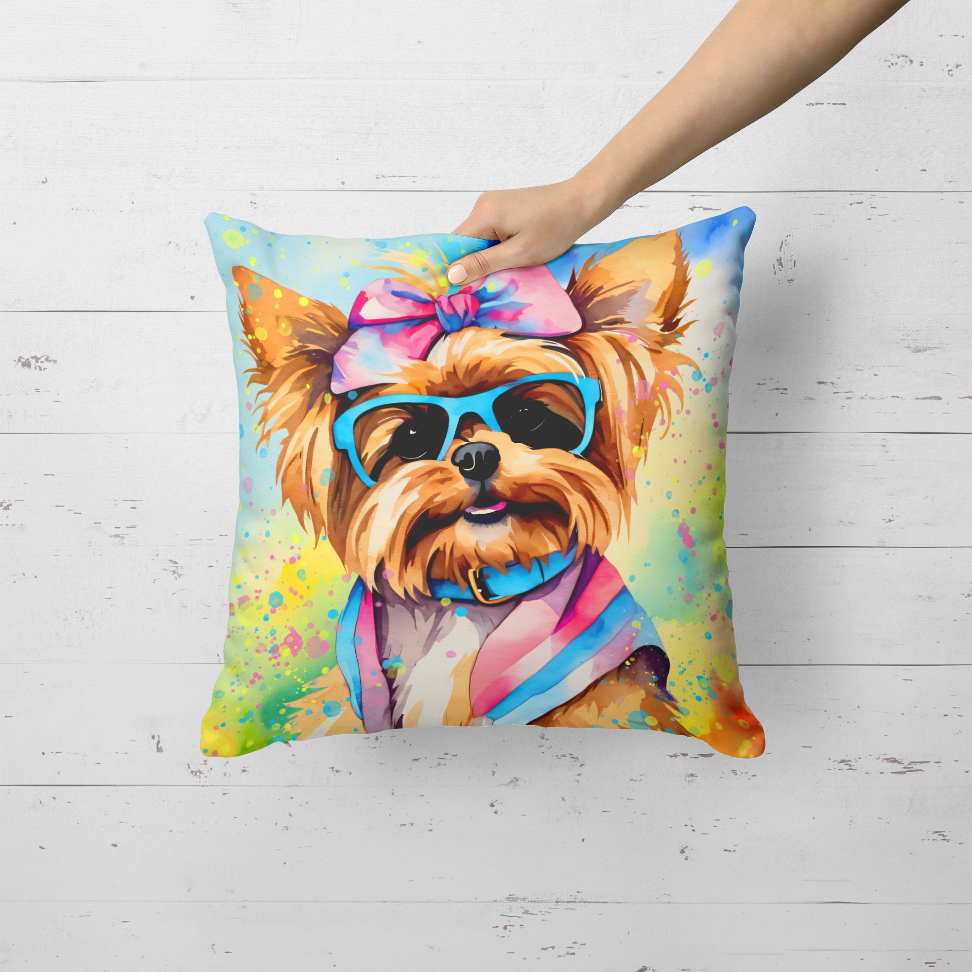 Yorkshire Terrier Hippie Dawg Fabric Decorative Pillow