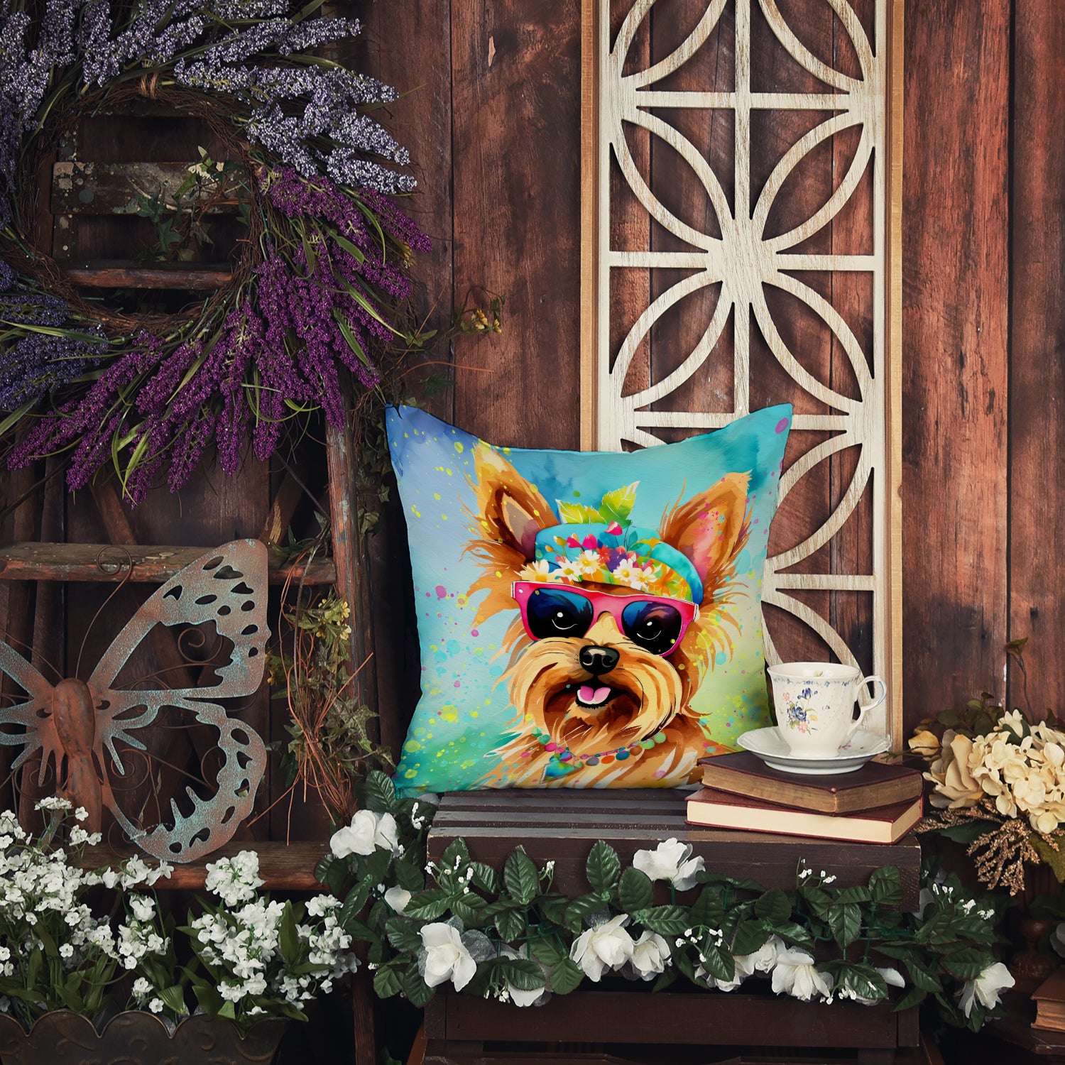 Yorkshire Terrier Hippie Dawg Fabric Decorative Pillow