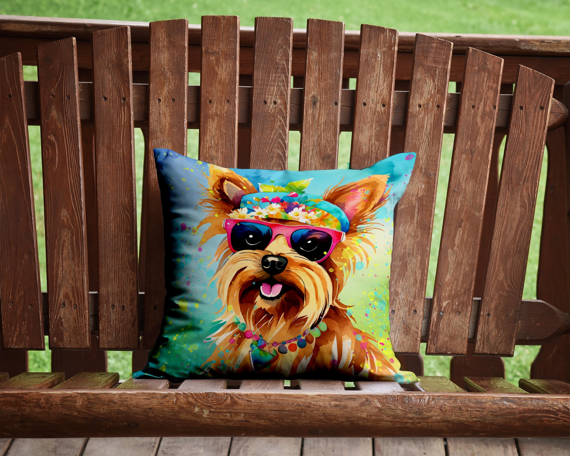 Yorkshire Terrier Hippie Dawg Fabric Decorative Pillow