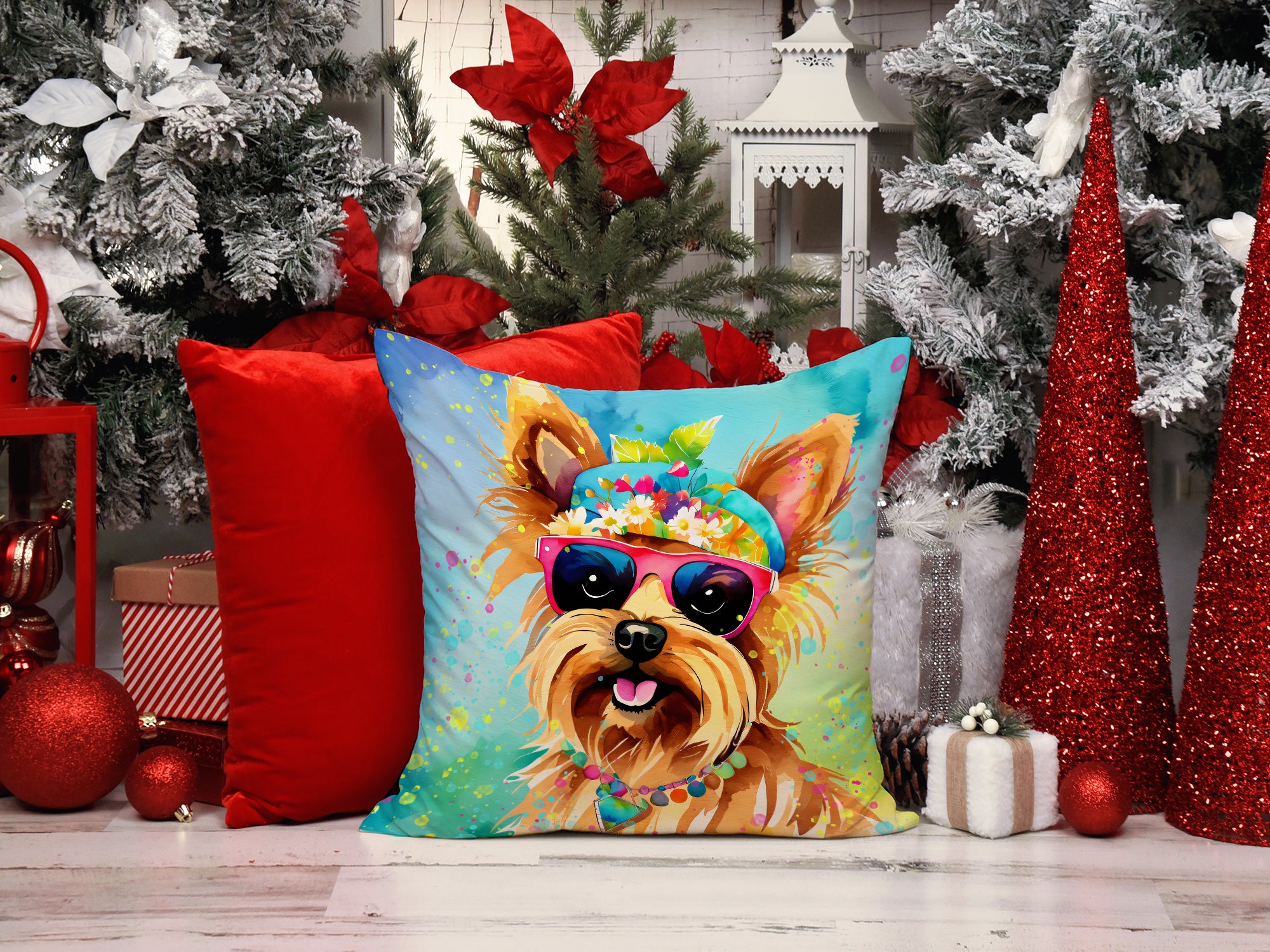 Yorkshire Terrier Hippie Dawg Fabric Decorative Pillow