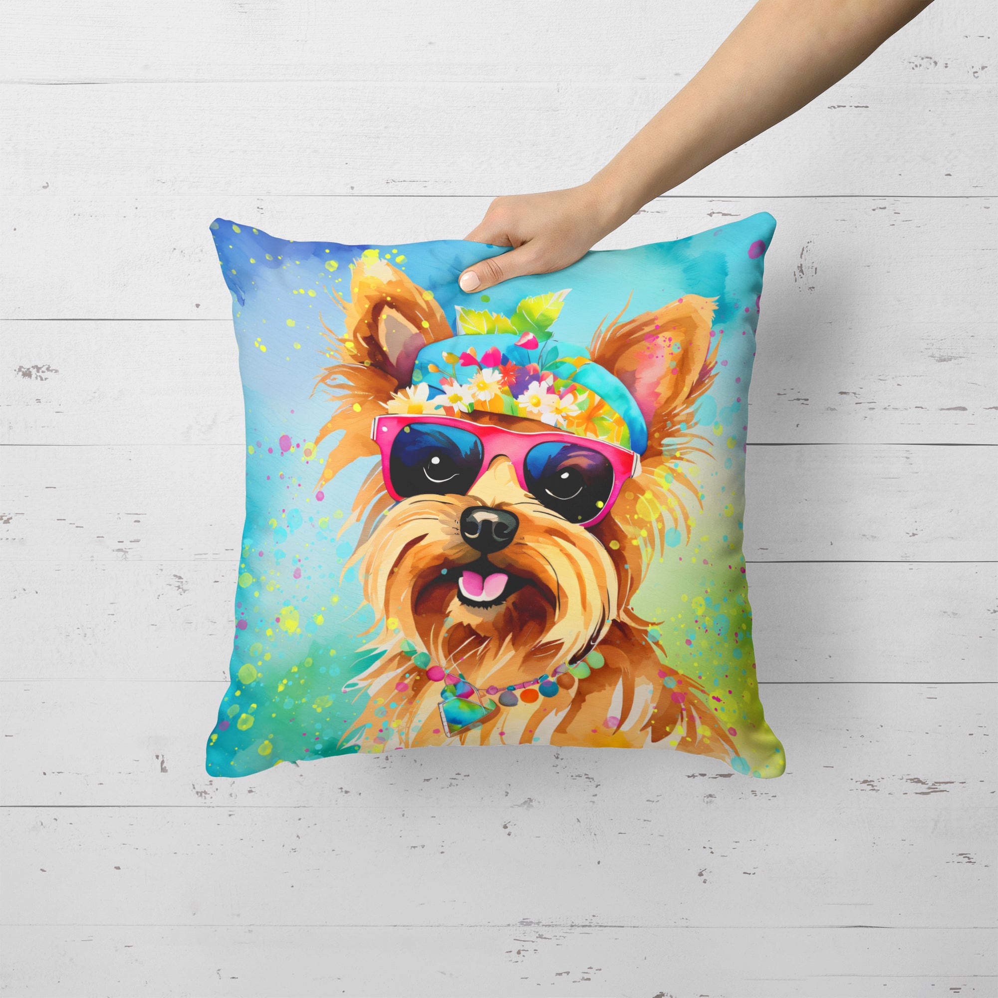 Yorkshire Terrier Hippie Dawg Fabric Decorative Pillow