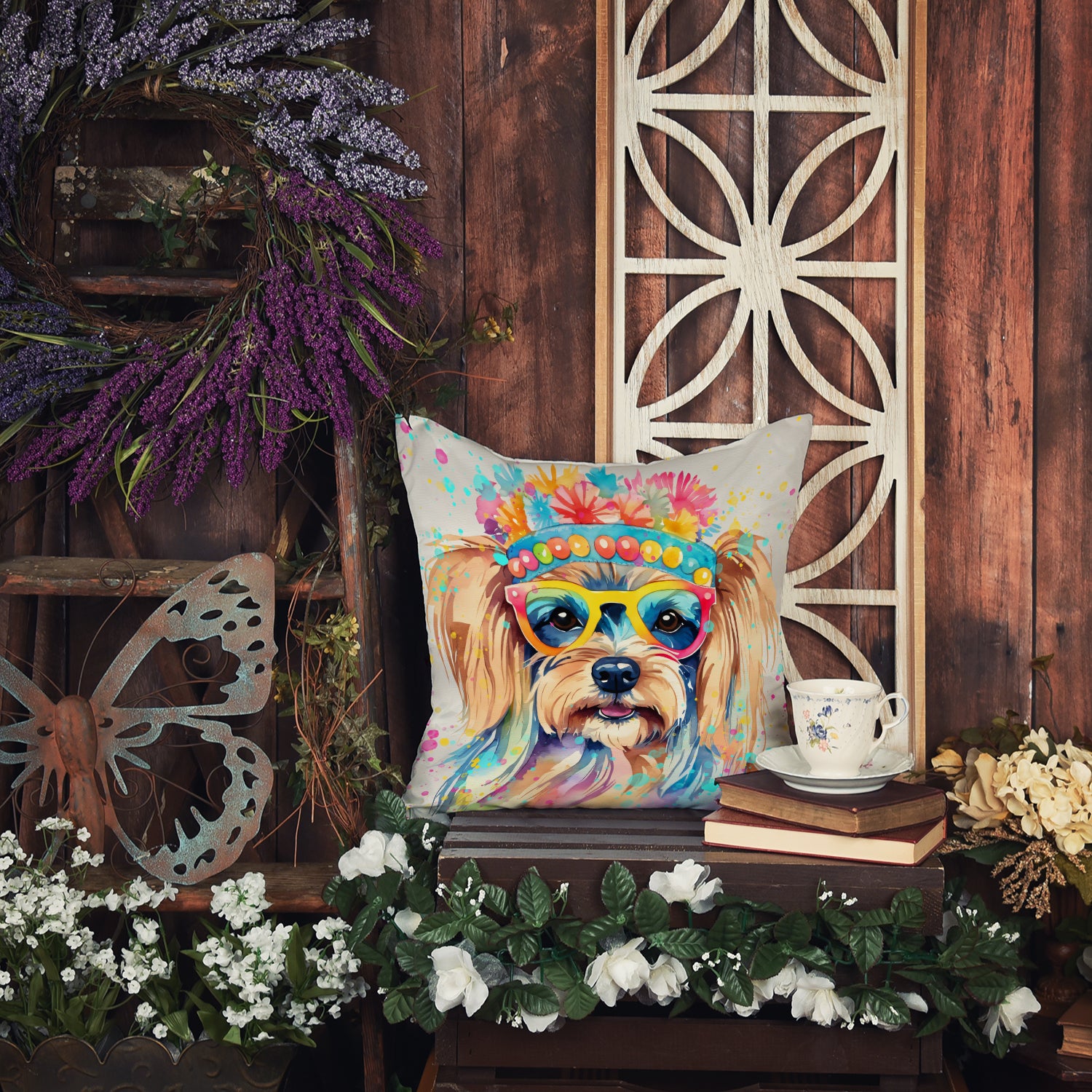 Yorkshire Terrier Hippie Dawg Fabric Decorative Pillow