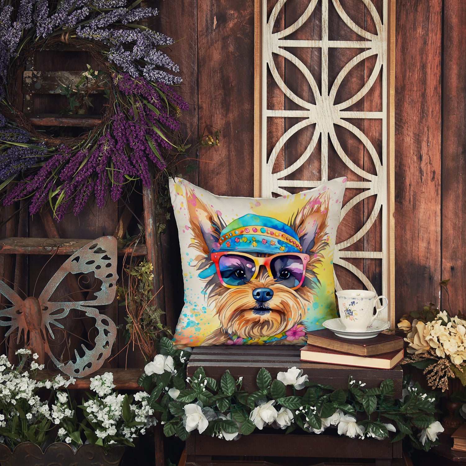 Yorkshire Terrier Hippie Dawg Fabric Decorative Pillow