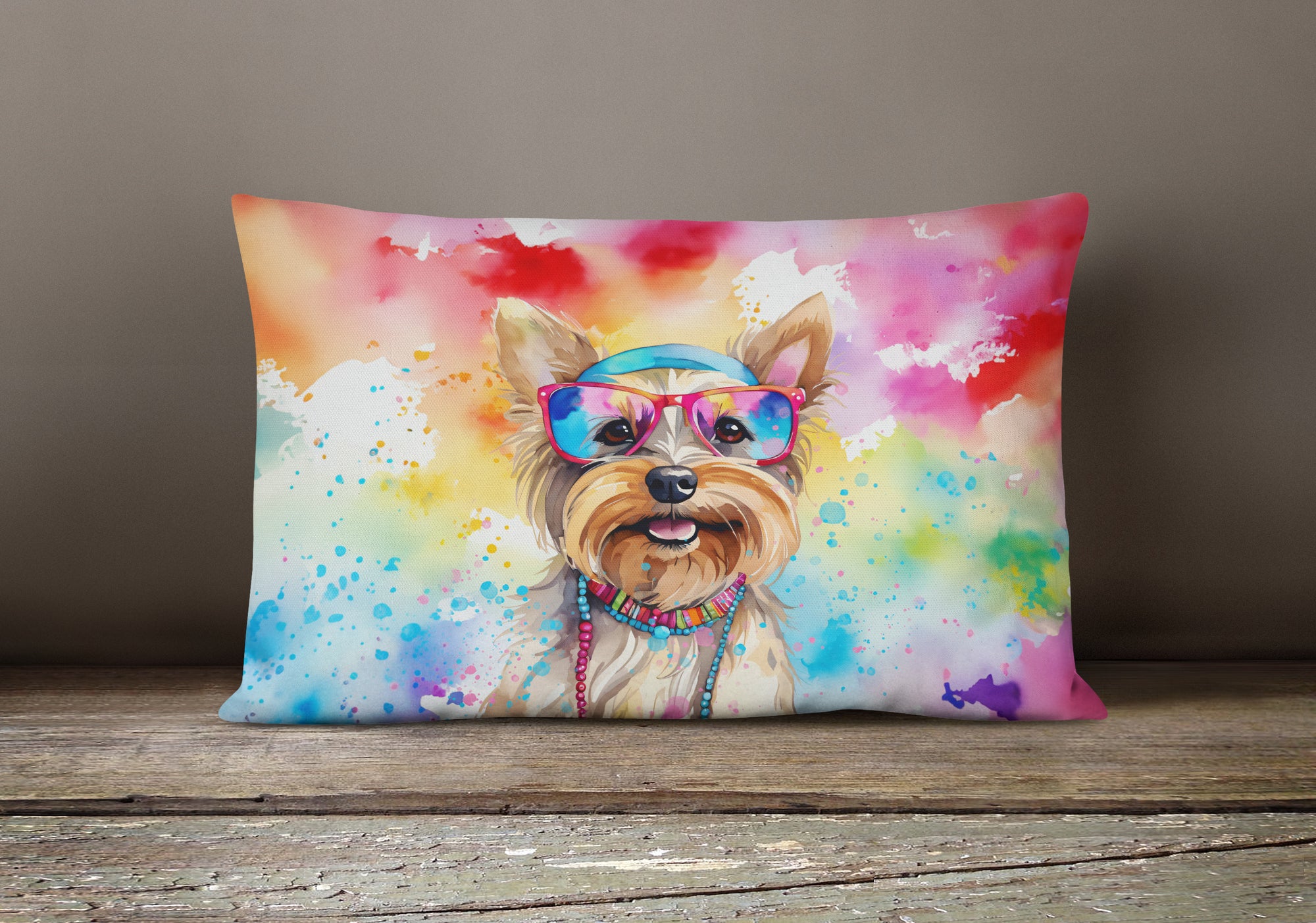 Yorkshire Terrier Hippie Dawg Fabric Decorative Pillow