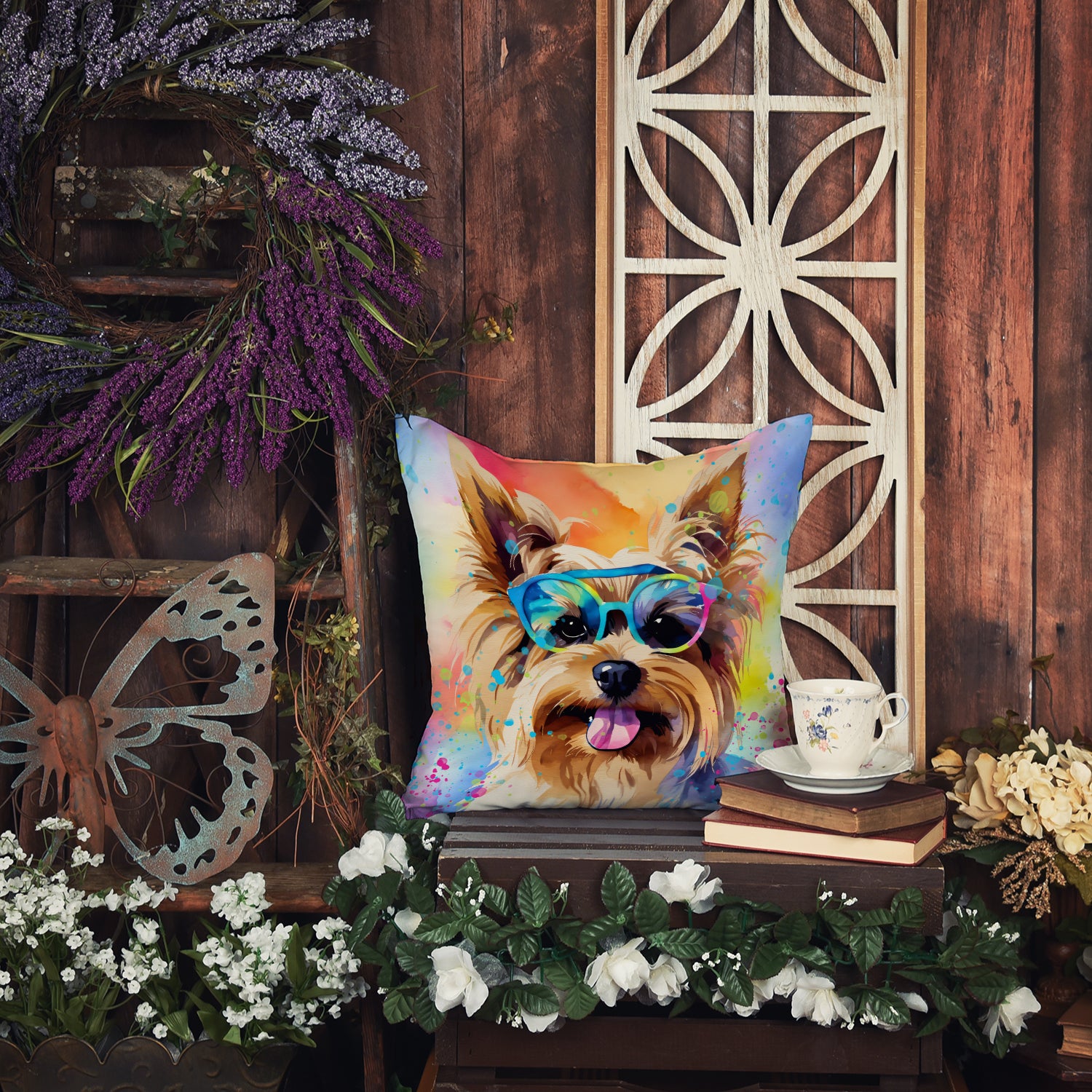 Yorkshire Terrier Hippie Dawg Fabric Decorative Pillow