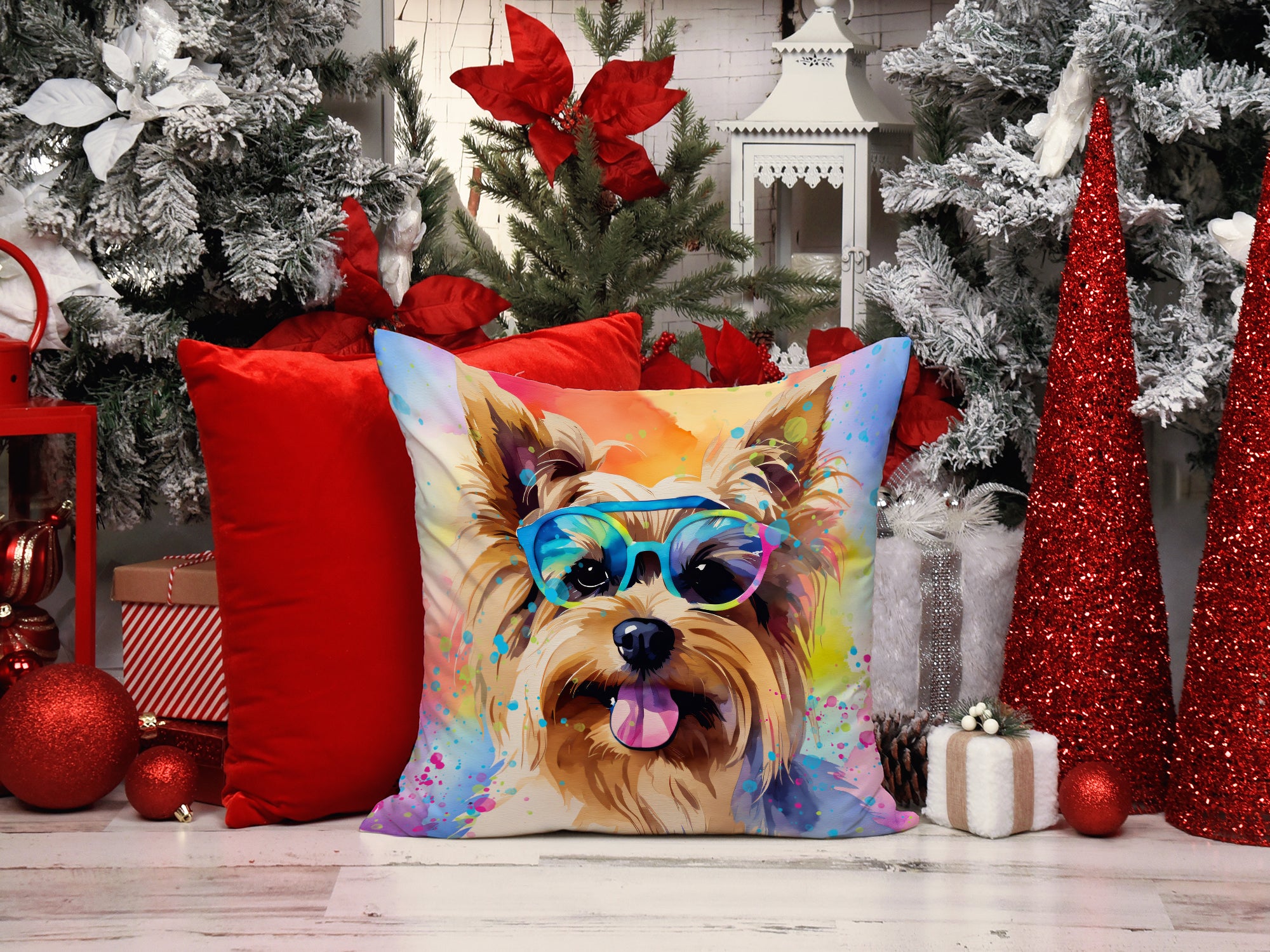 Yorkshire Terrier Hippie Dawg Fabric Decorative Pillow