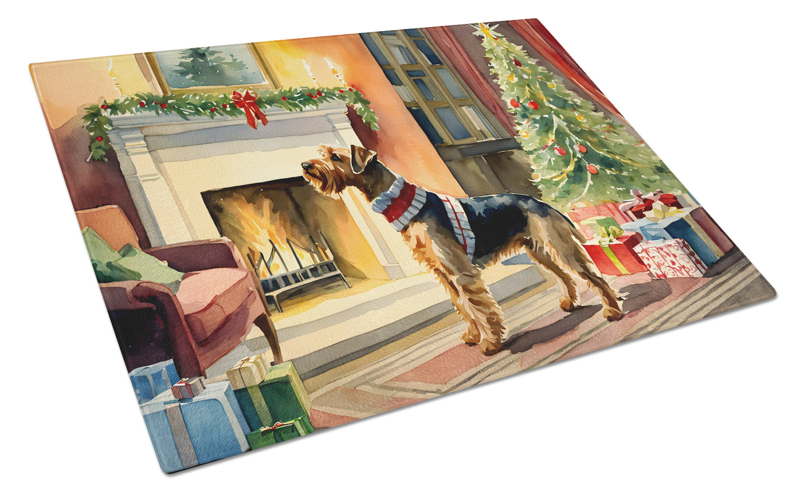 Buy this Airedale Terrier Cozy Christmas Glass Cutting Board Large