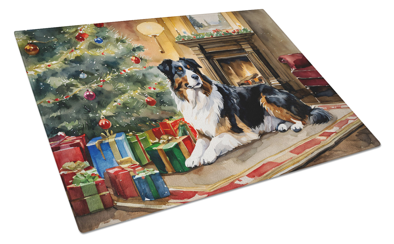 Buy this Australian Shepherd Cozy Christmas Glass Cutting Board Large