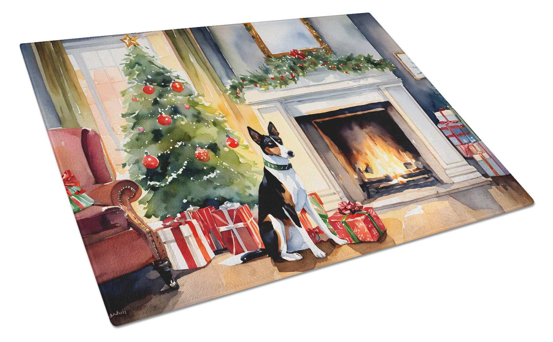 Buy this Basenji Cozy Christmas Glass Cutting Board Large